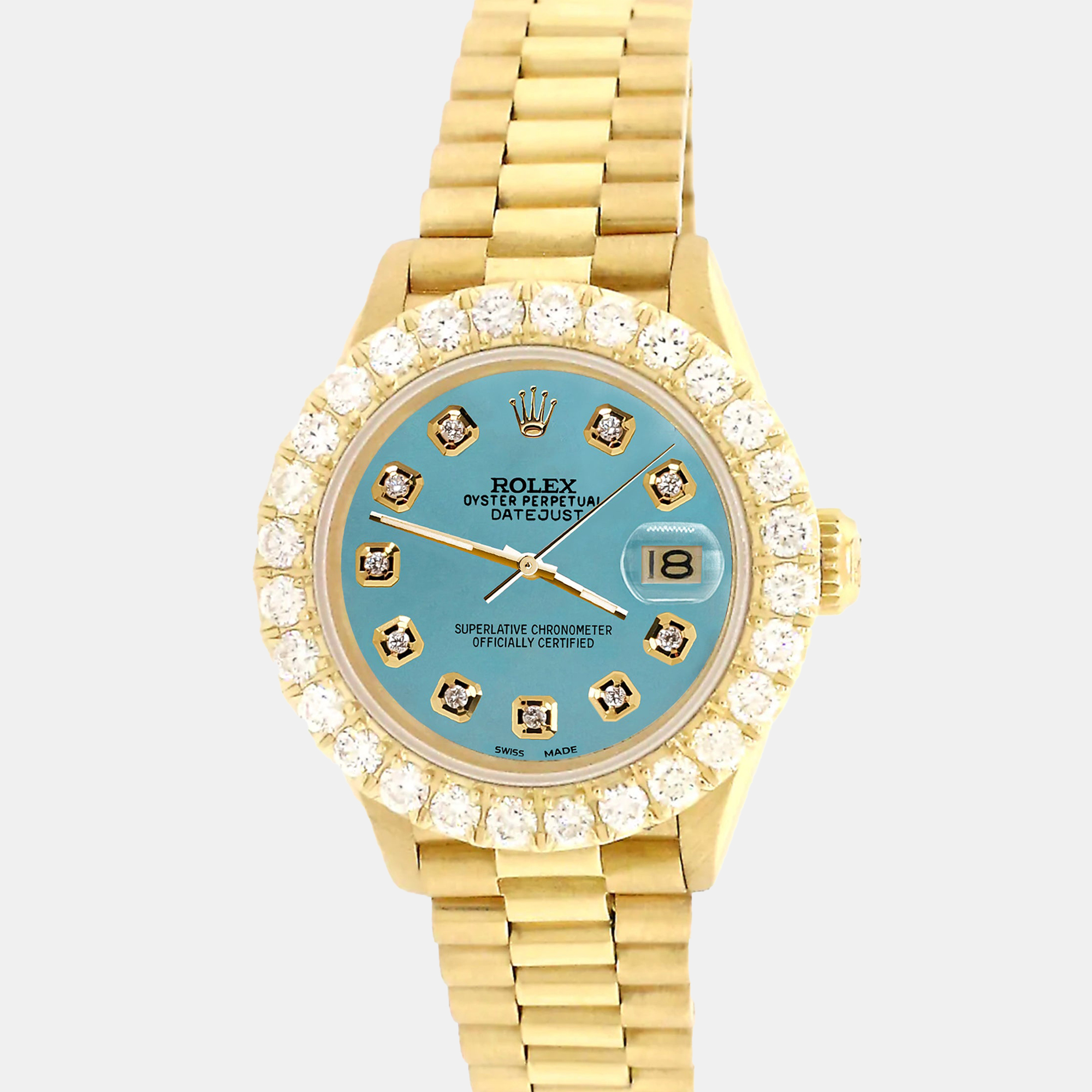 

Rolex president datejust  yellow gold Wristwatch with 2ct diamond bezel turquoise diamond dial, Blue