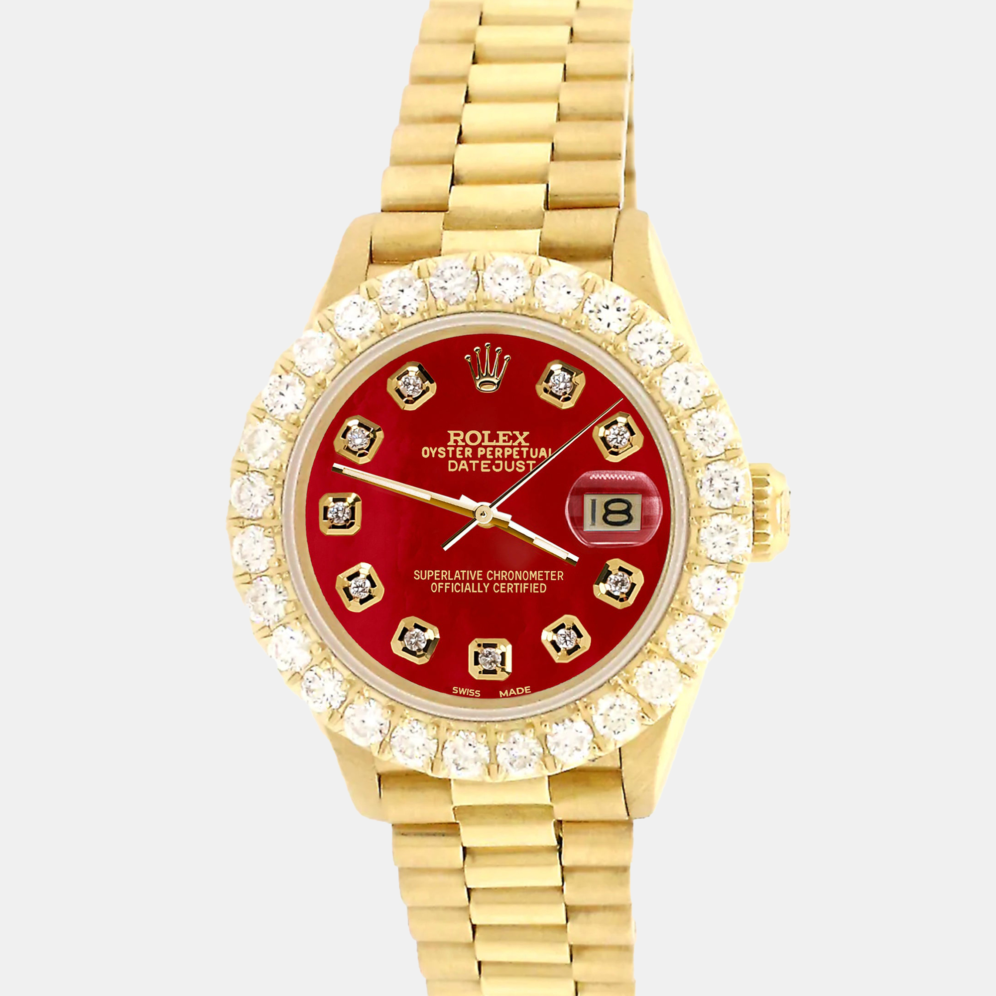 

Rolex president datejust  yellow gold Wristwatch with 2ct diamond bezel red mop diamond dial