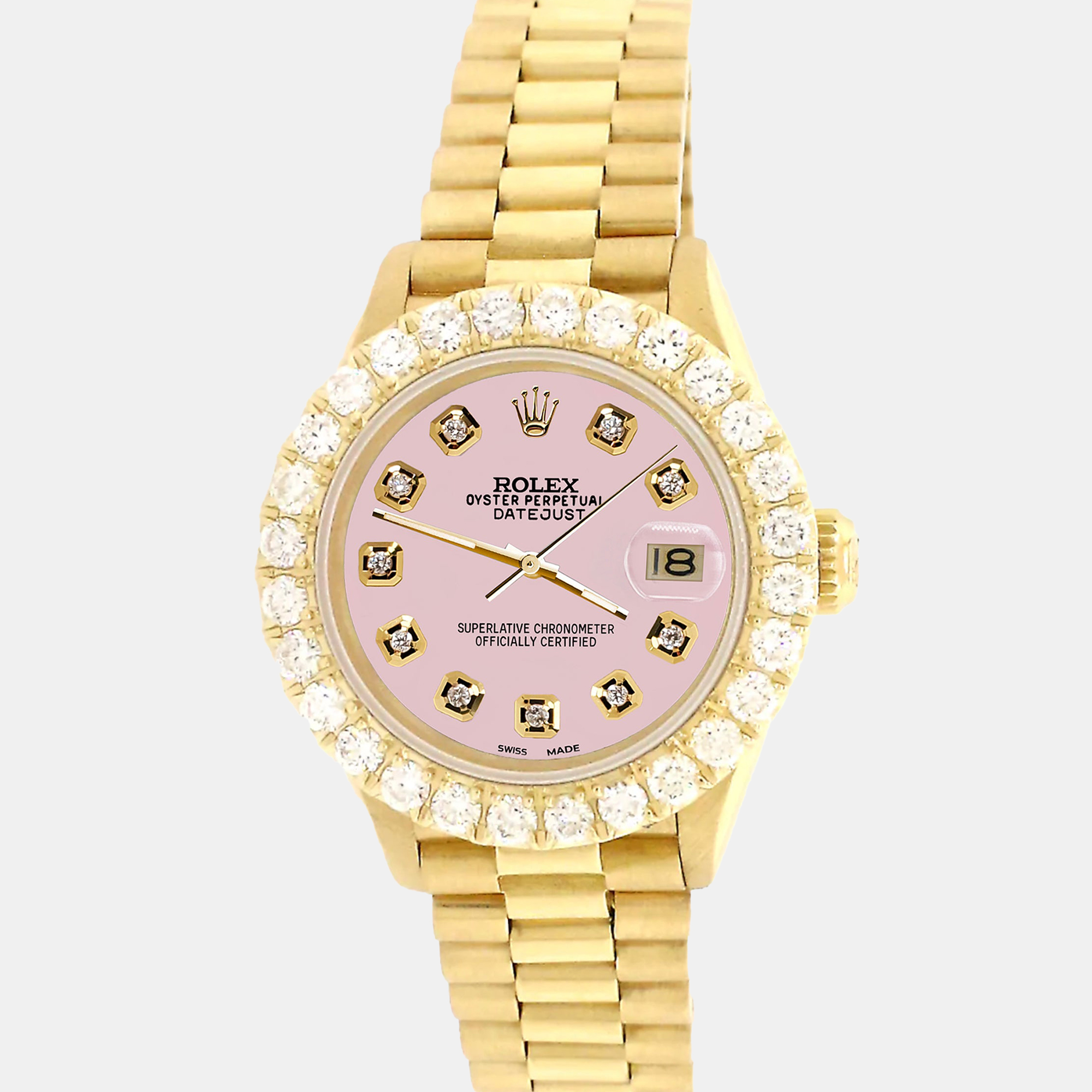 

Rolex president datejust  yellow gold Wristwatch with 2ct diamond bezel orchid pink diamond dial