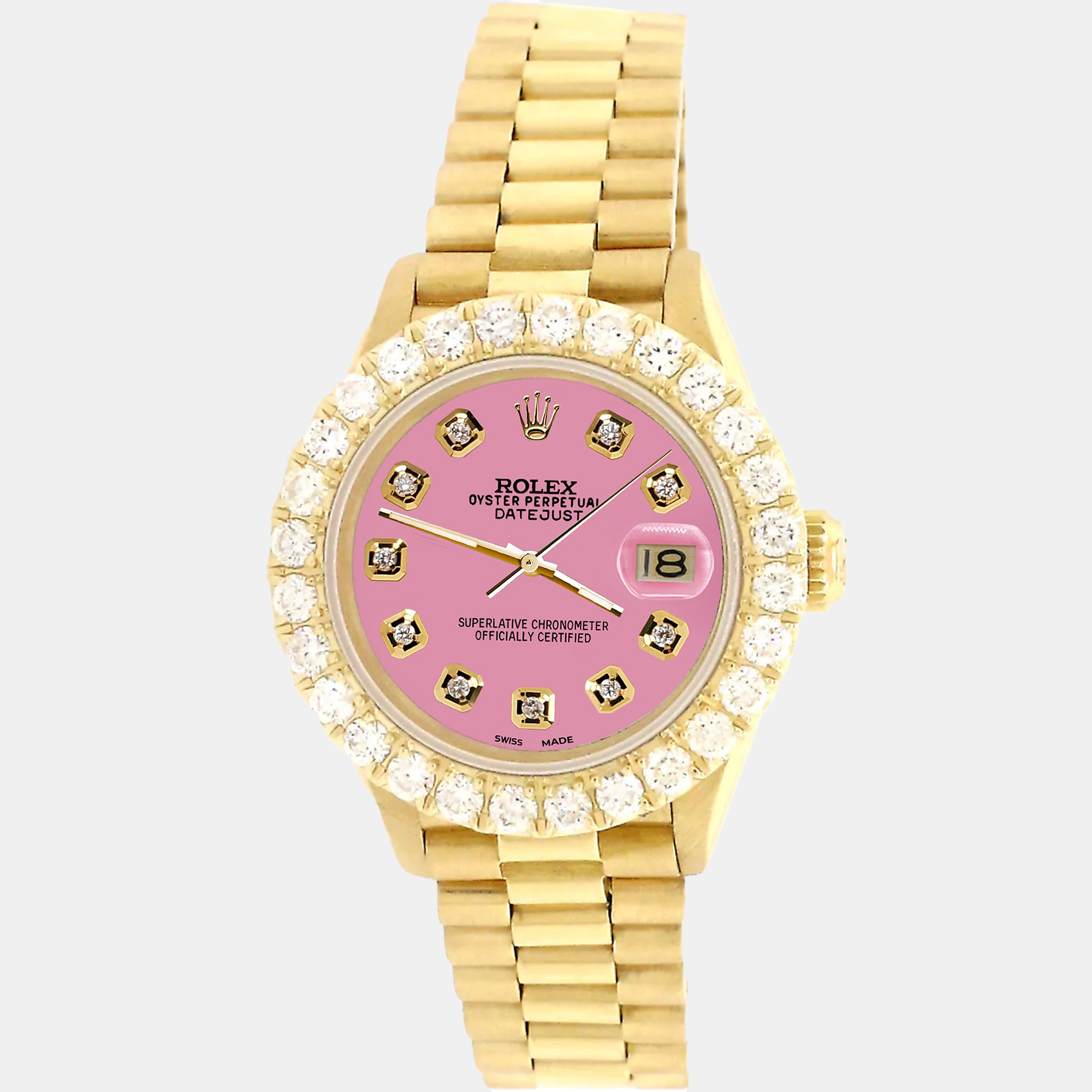 

Rolex president datejust  yellow gold Wristwatch with 2ct diamond bezel hot pink diamond dial