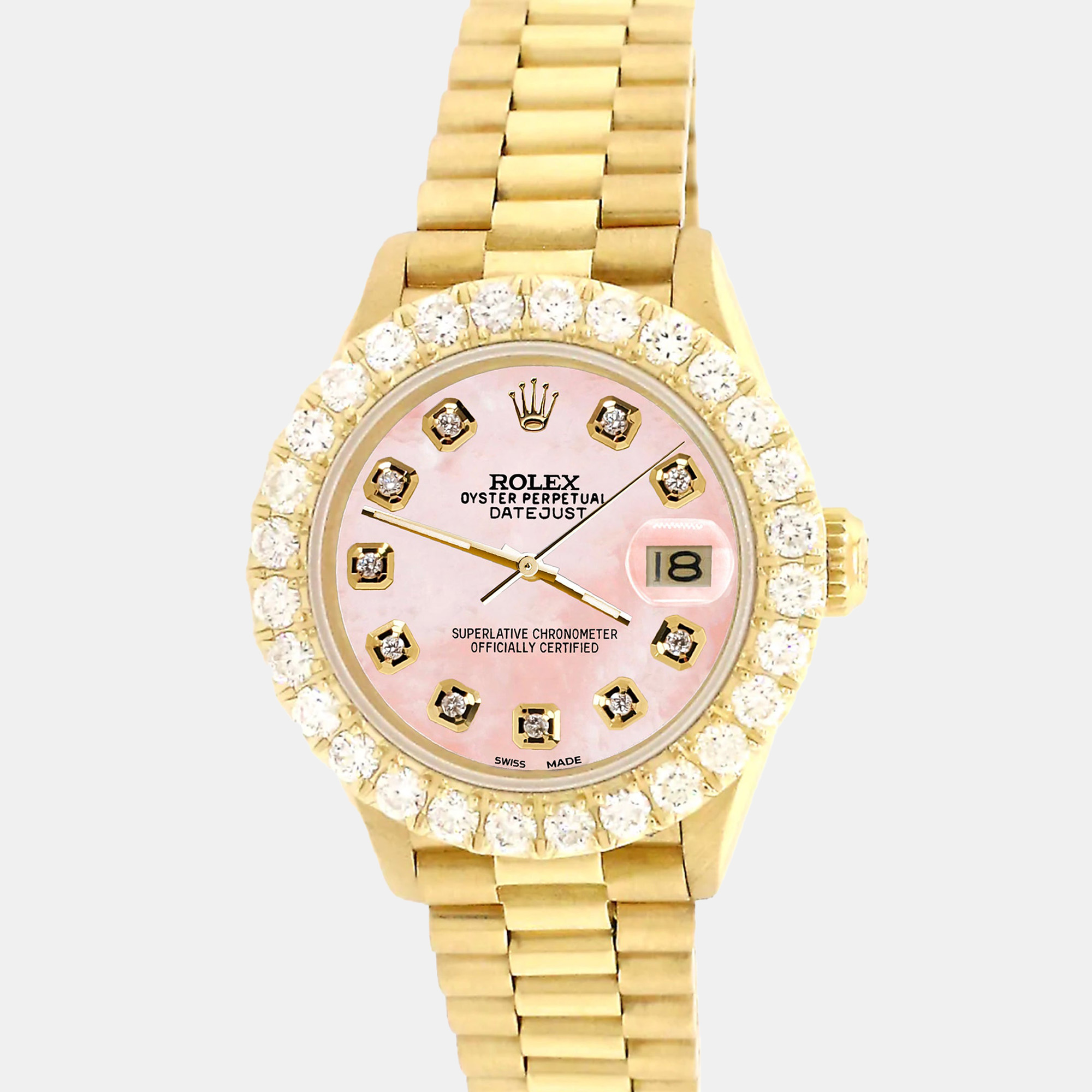 

Rolex president datejust  yellow gold Wristwatch with 2ct diamond bezel royal pink mop diamond dial