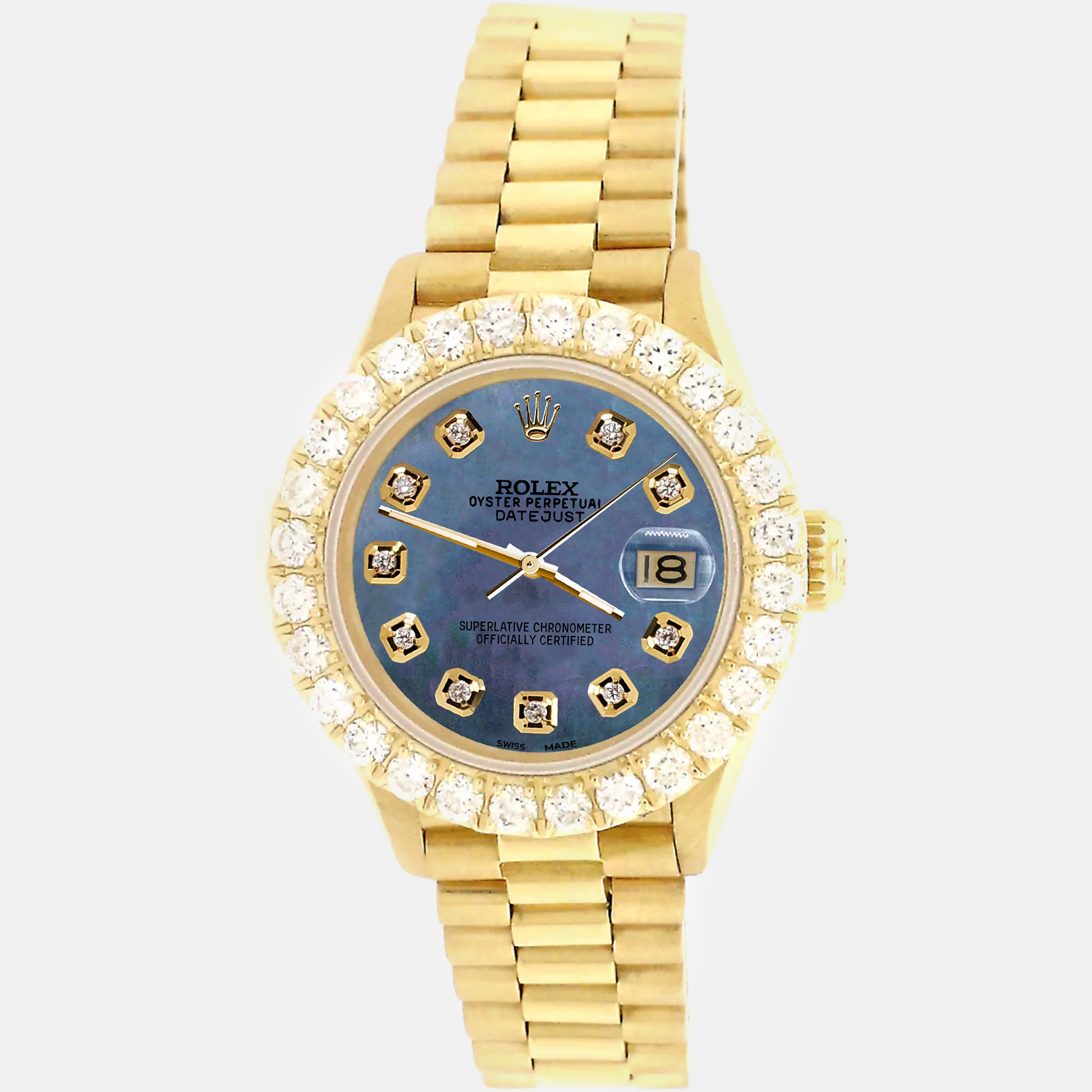 

Rolex president datejust  yellow gold Wristwatch with 2ct diamond bezel black pearl diamond dial