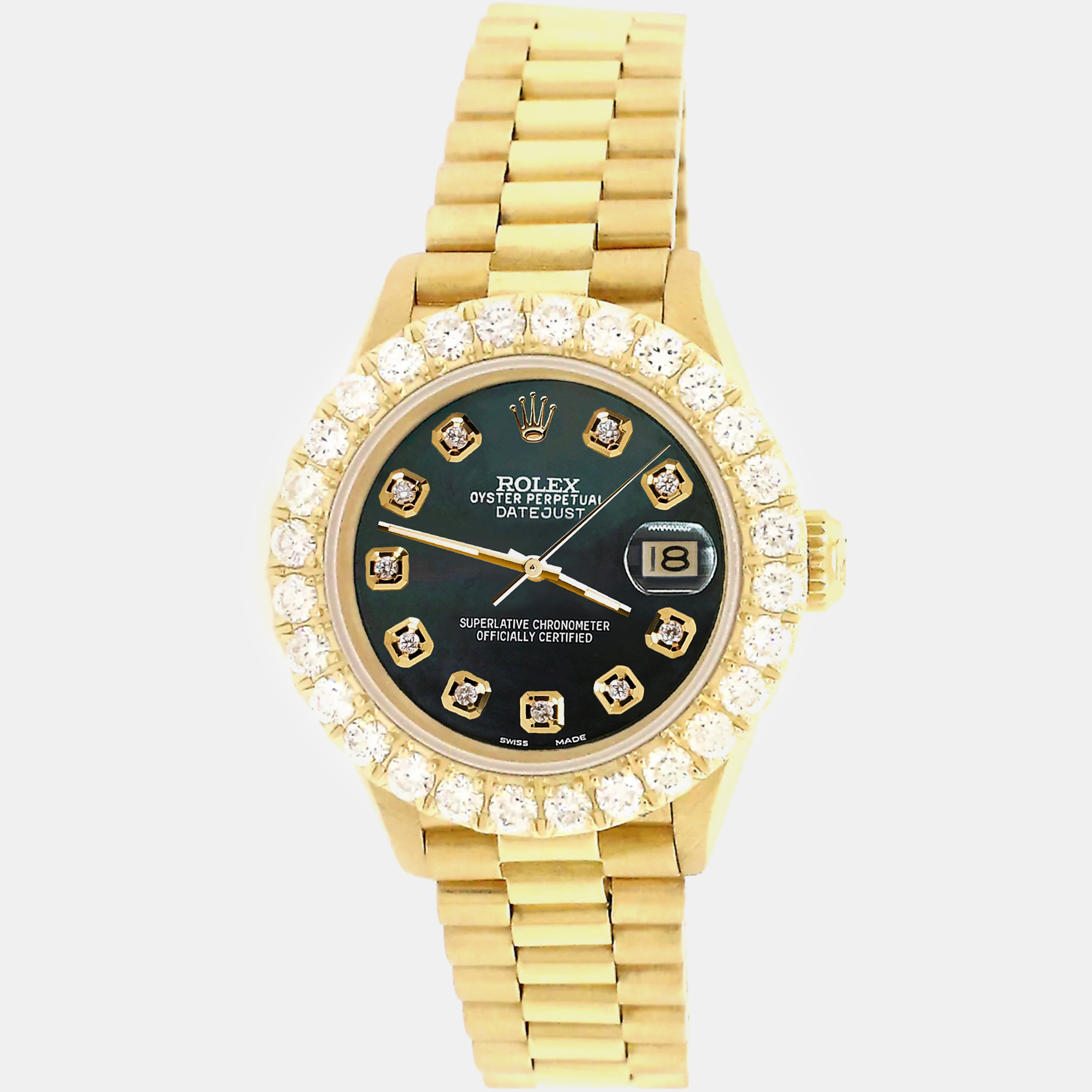 

Rolex president datejust  yellow gold Wristwatch with 2ct diamond bezel black mop diamond dial