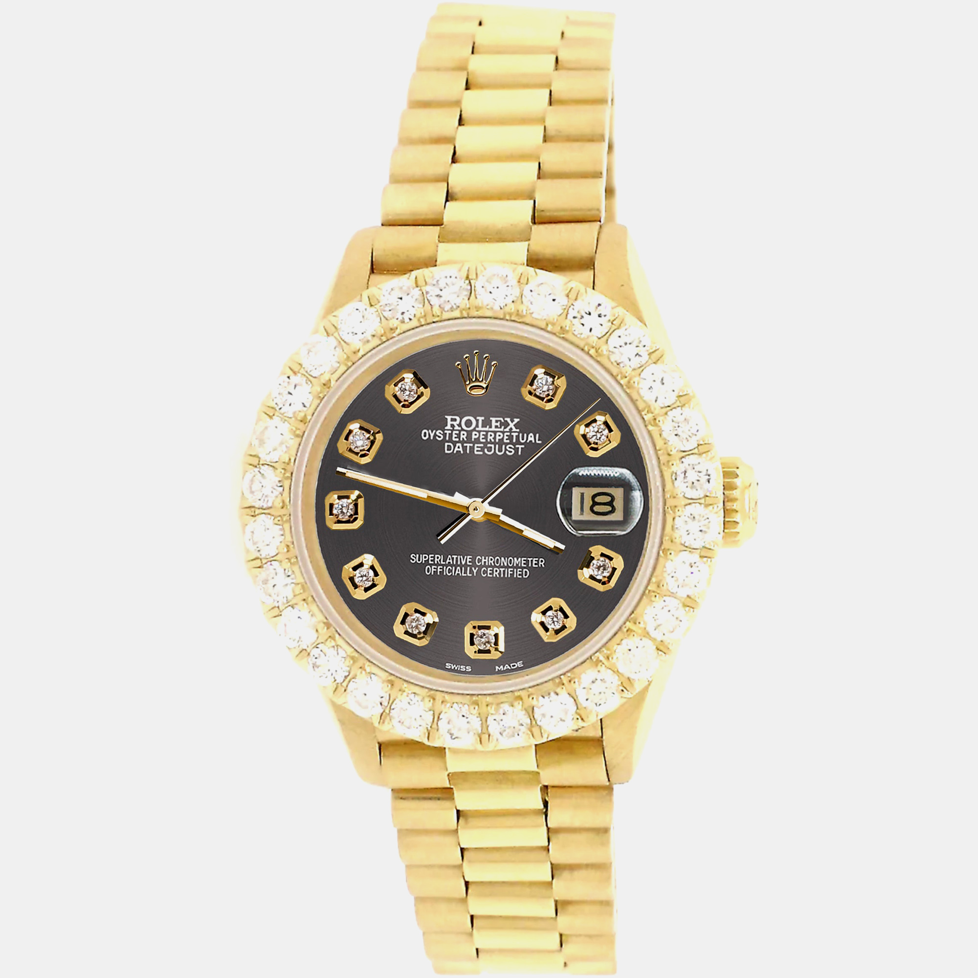 

Rolex president datejust  yellow gold Wristwatch with 2ct diamond bezel rhodium gray diamond dial, Grey