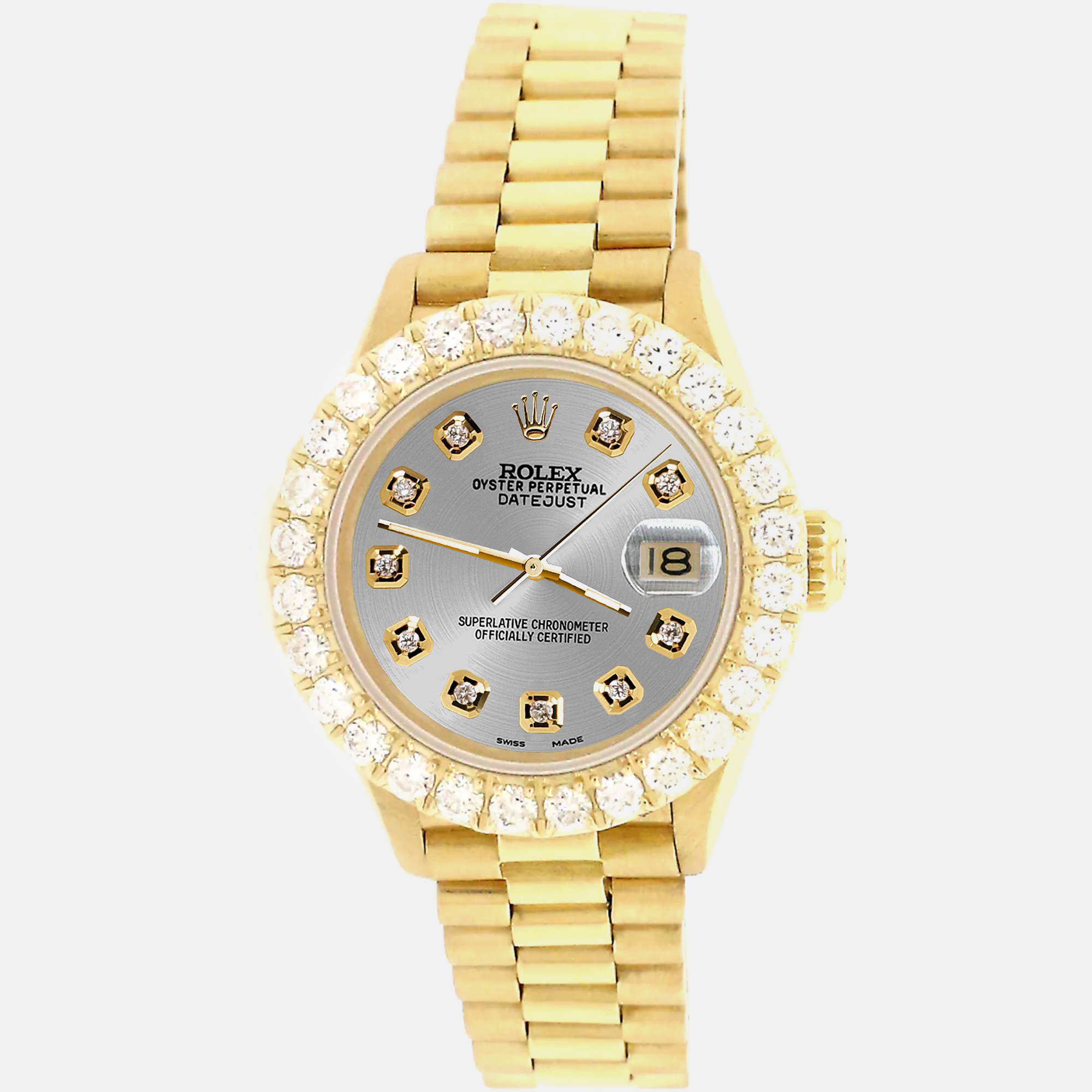 

Rolex president datejust  yellow gold Wristwatch with 2ct diamond bezel gray diamond dial, Grey