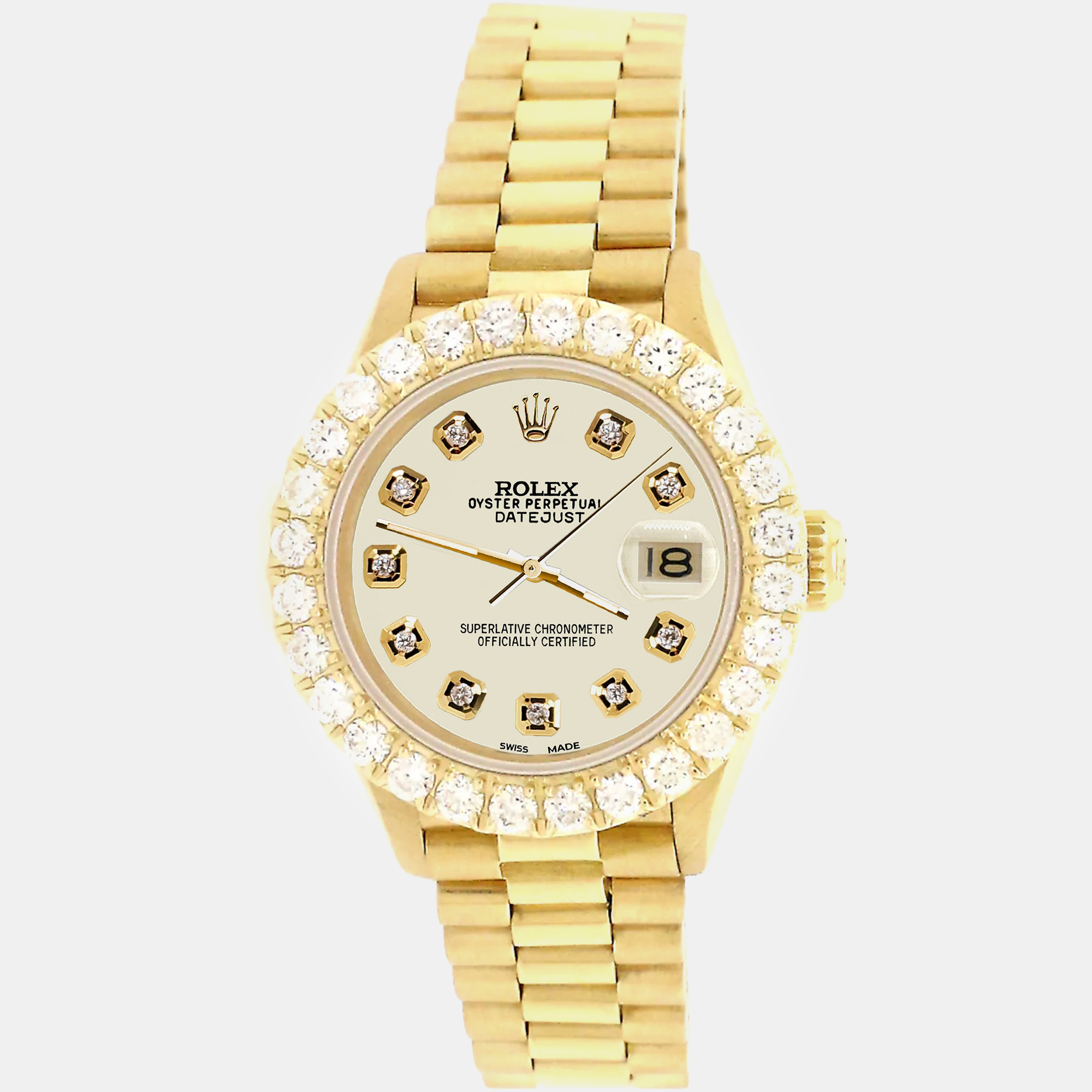 

Rolex president datejust  yellow gold Wristwatch with 2ct diamond bezel satin linen diamond dial, Beige