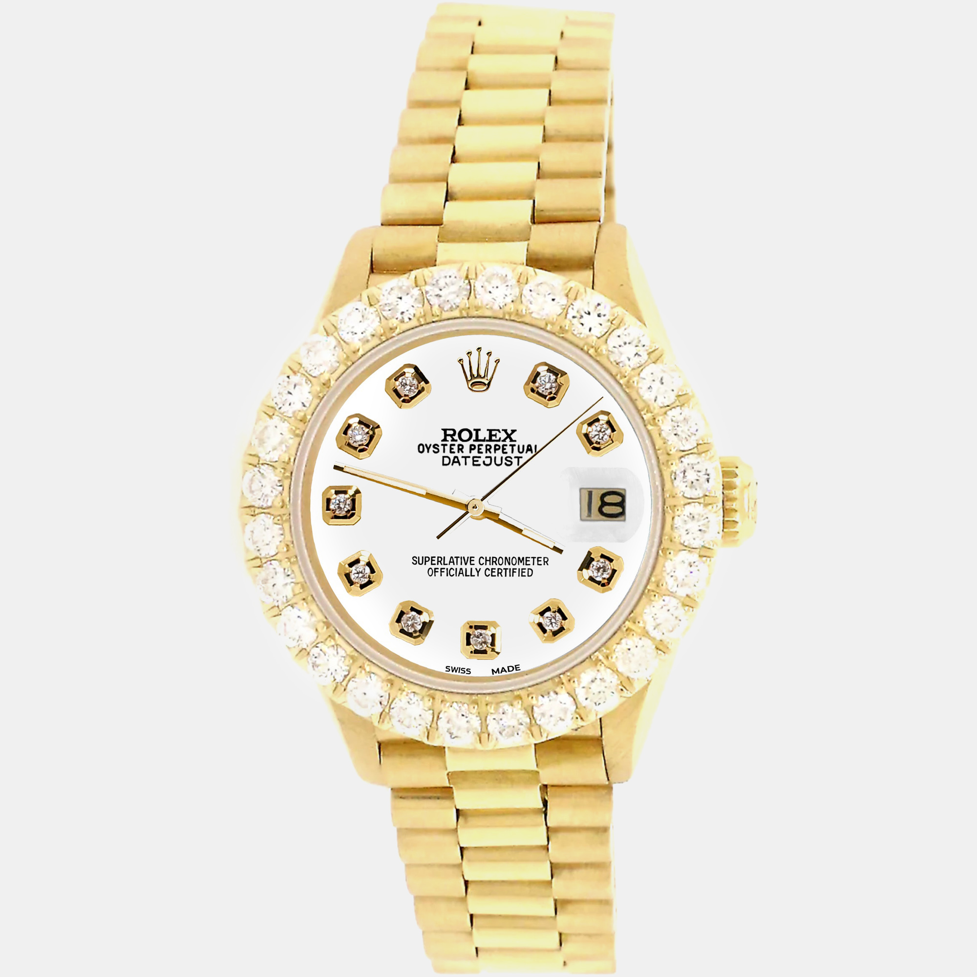 

Rolex president datejust  yellow gold Wristwatch with 2ct diamond bezel white diamond dial