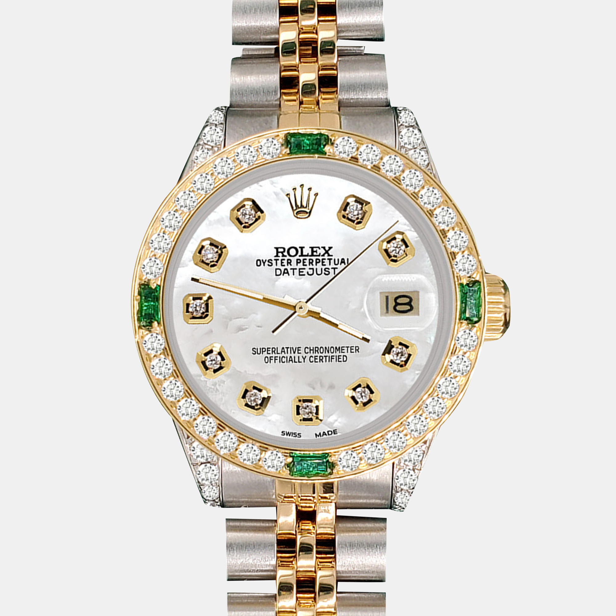 

Rolex datejust  yellow gold steel Wristwatch diamonds emeralds bezel lugs white mop diamond dial