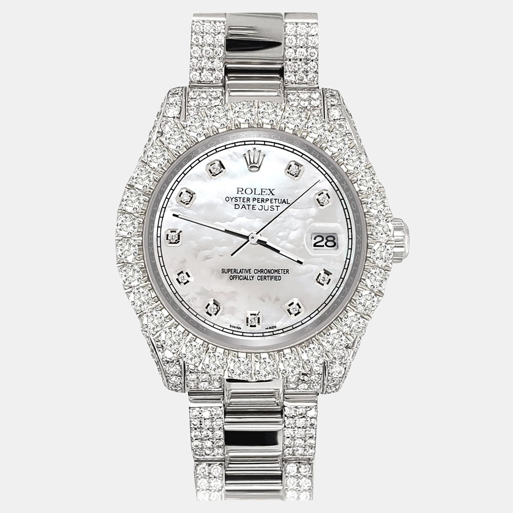 

Rolex datejust  pave 7.2ct iced diamond white mop track Wristwatch 178240