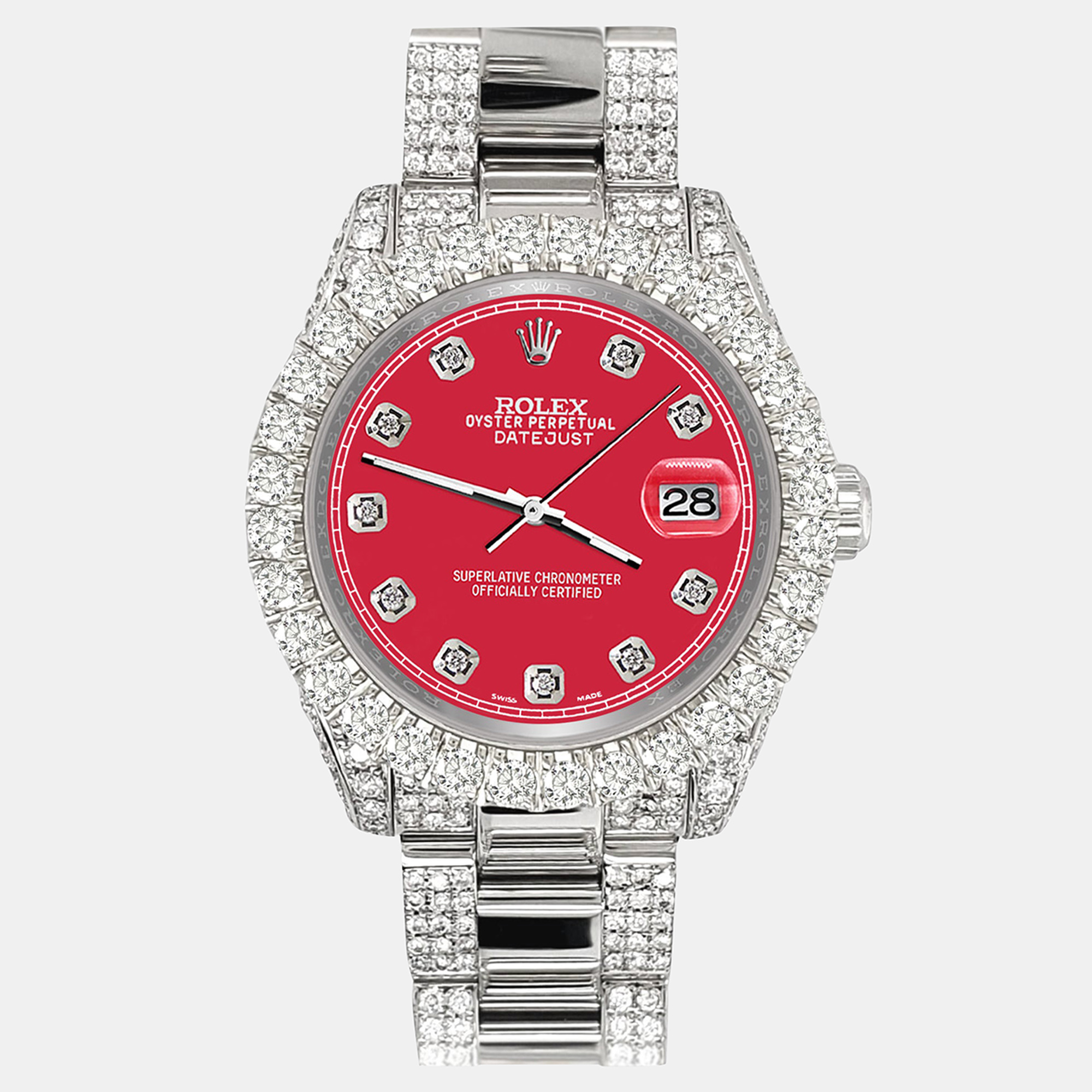 

Rolex datejust  pave 7.2ct iced diamond scarlet red track Wristwatch 178240