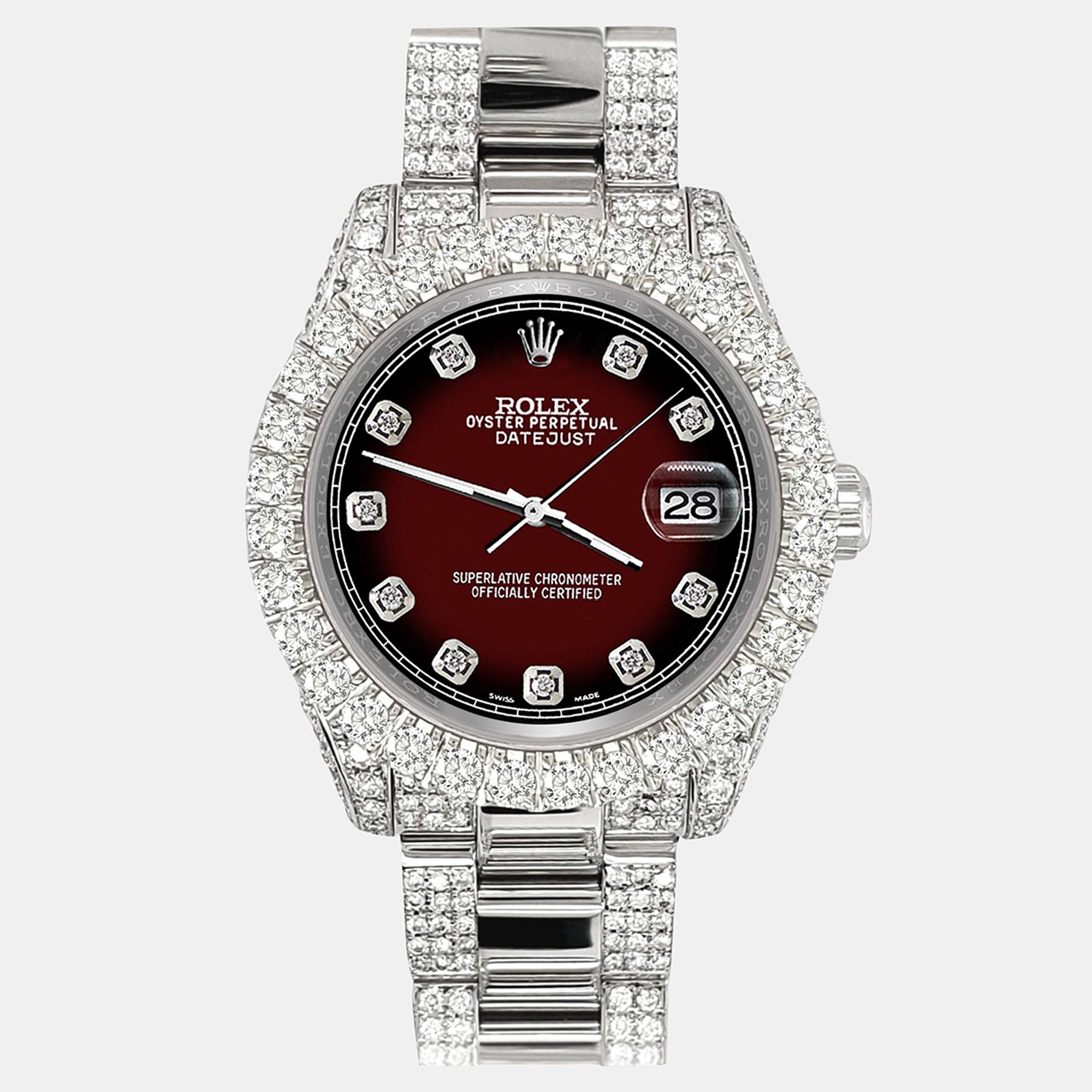 

Rolex datejust  pave 7.2ct iced diamond maroon vignette track Wristwatch 178240, Brown