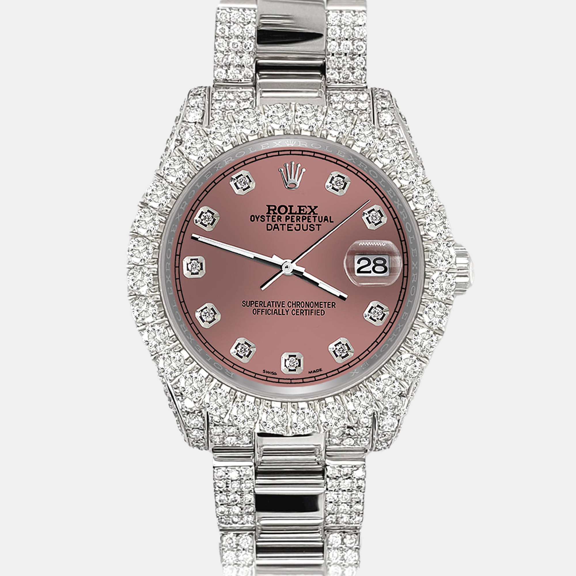 

Rolex datejust  pave 7.2ct iced diamond salmon track Wristwatch 178240, Pink