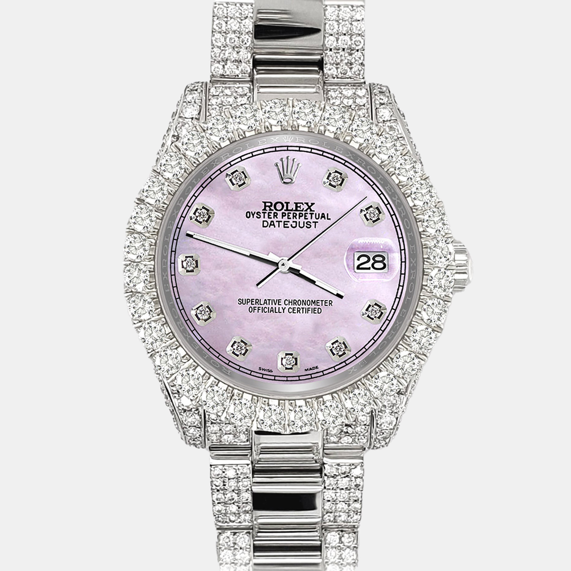 

Rolex datejust  pave 7.2ct iced diamond pink pearl track Wristwatch 178240