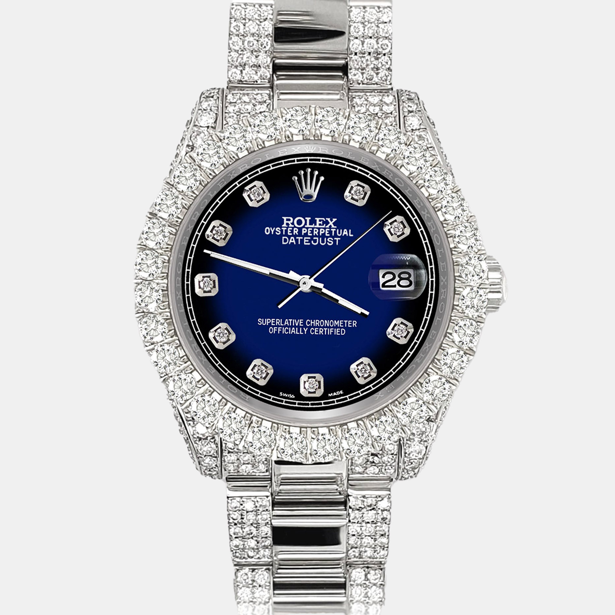 

Rolex datejust  pave 7.2ct iced diamond blue vignette track Wristwatch 178240