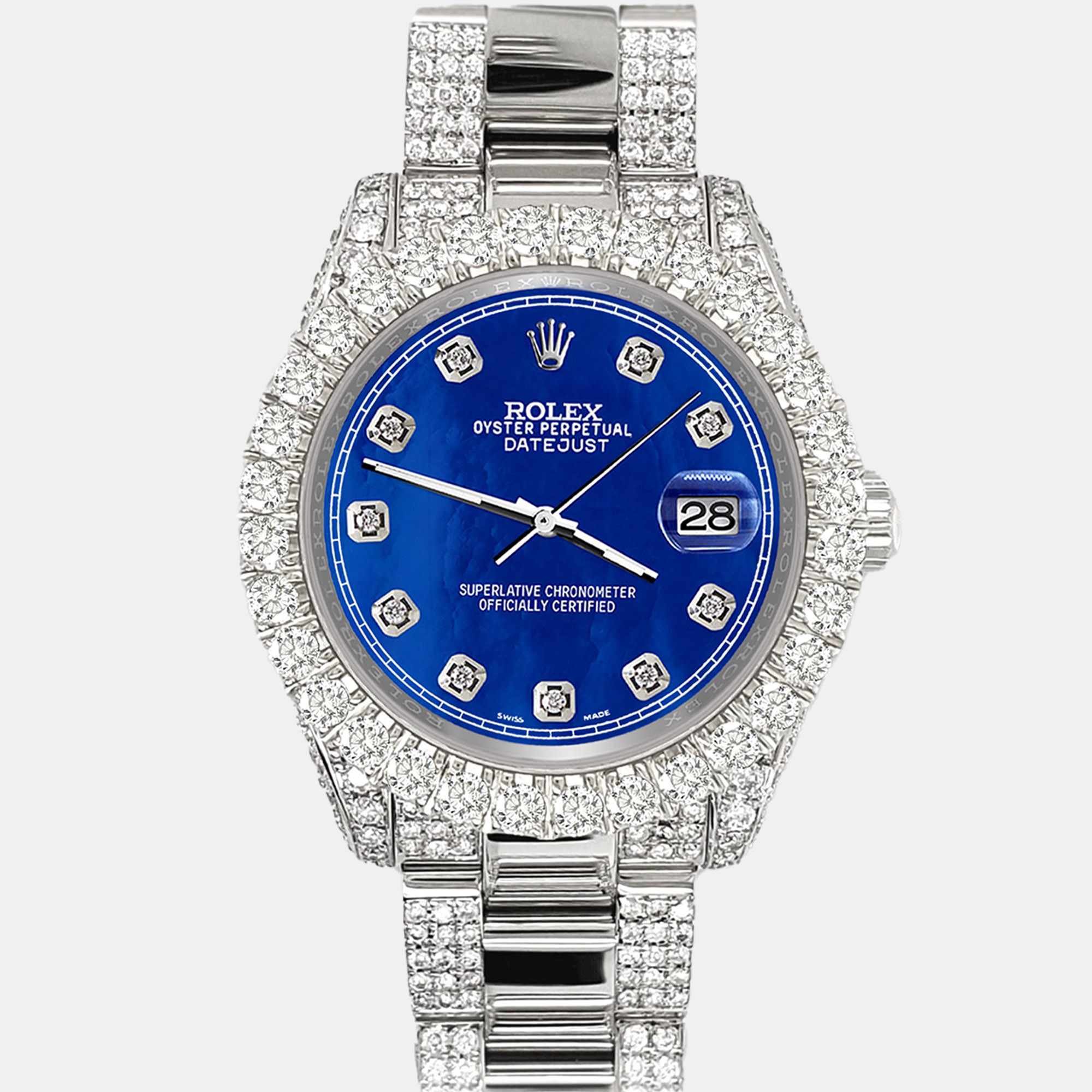 

Rolex datejust  pave 7.2ct iced diamond royal blue mop track Wristwatch 178240