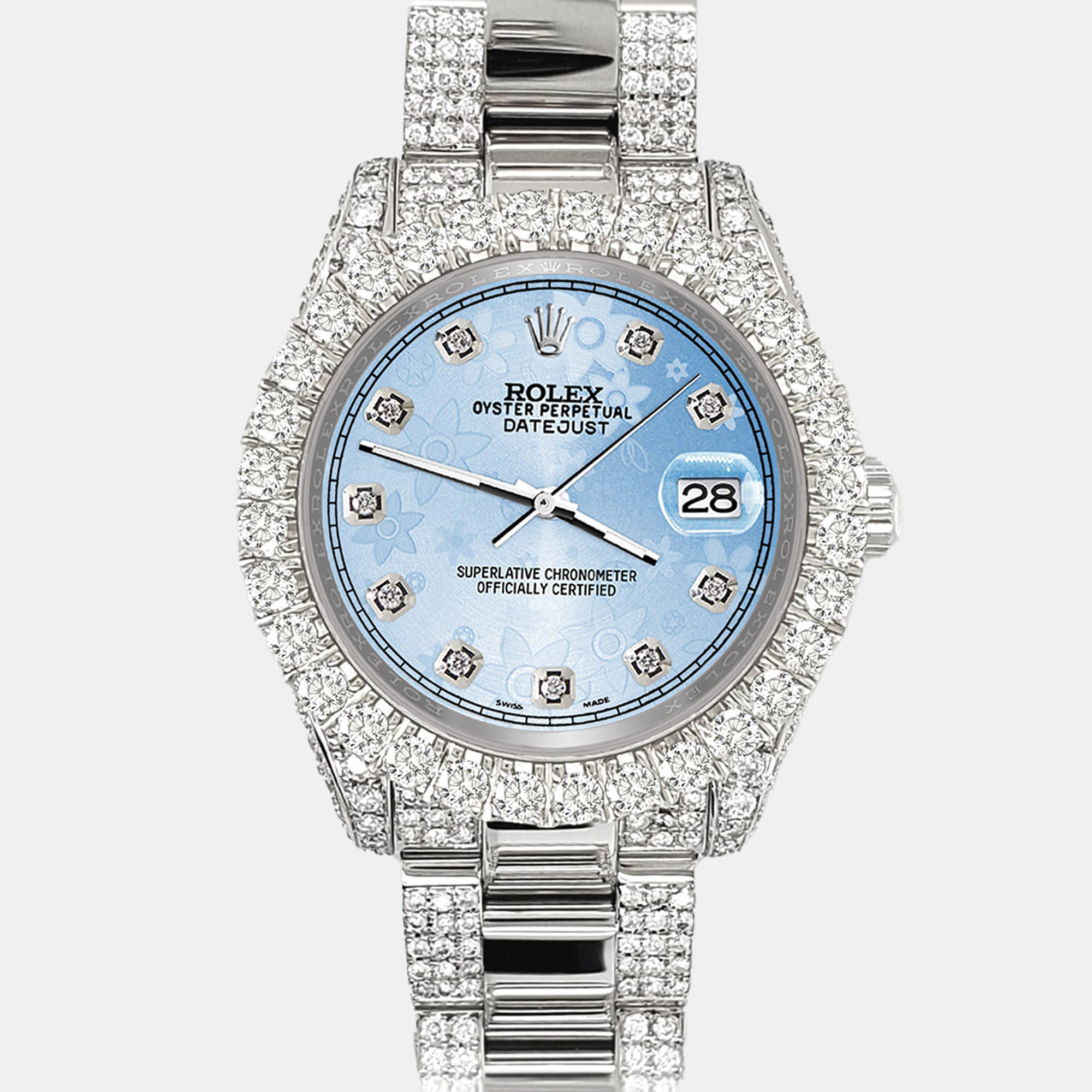 

Rolex datejust  pave 7.2ct iced diamond blue flower track Wristwatch 178240