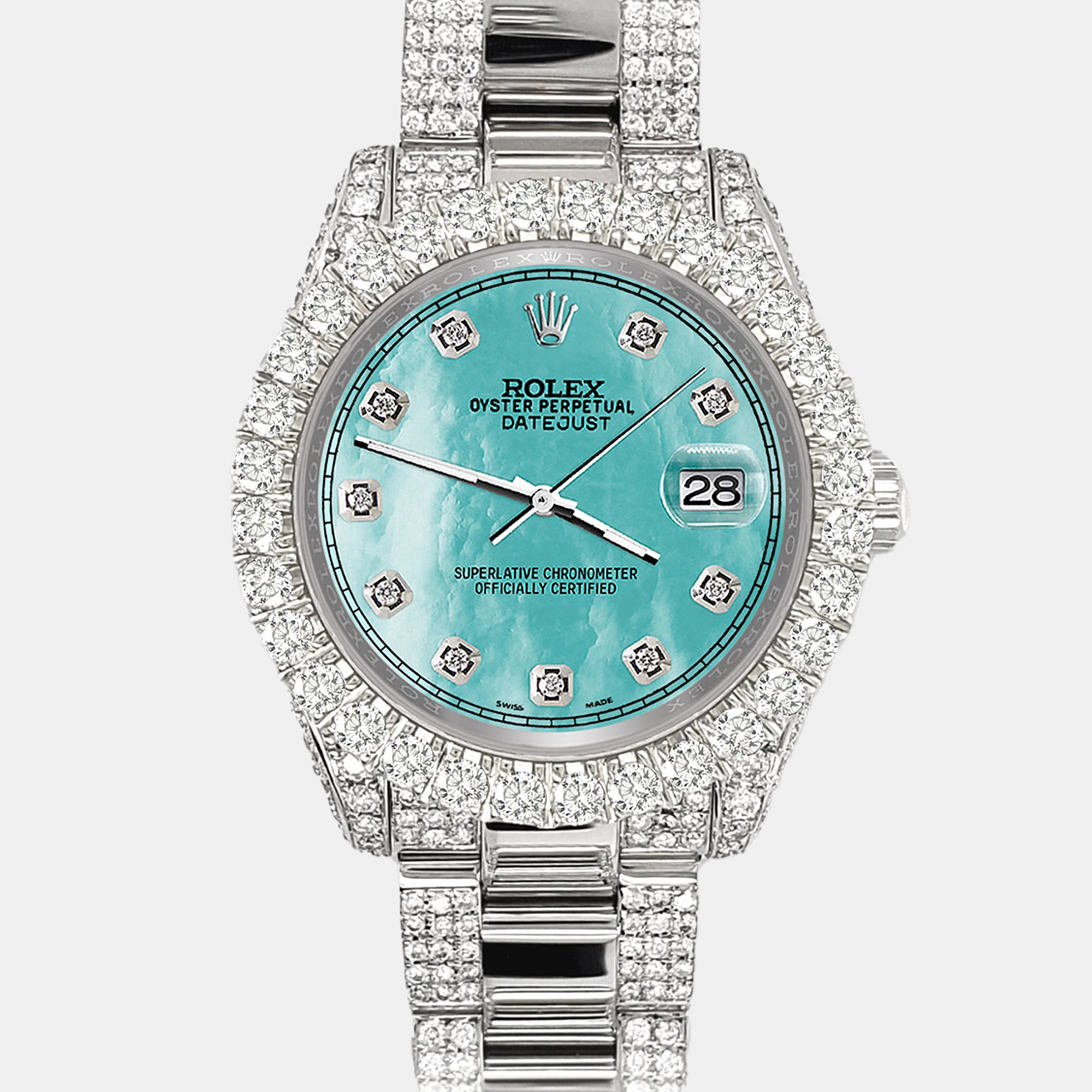 

Rolex datejust  pave 7.2ct iced diamond aquamarine mop track Wristwatch 178240, Blue