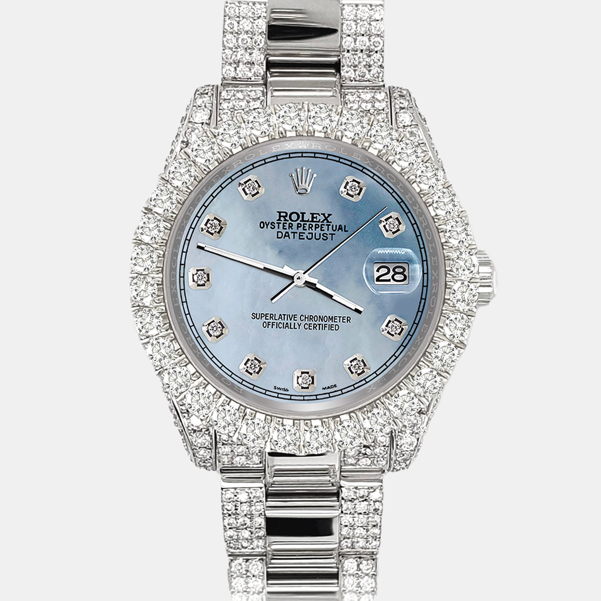 

Rolex datejust  pave 7.2ct iced diamond sky blue mop track Wristwatch 178240