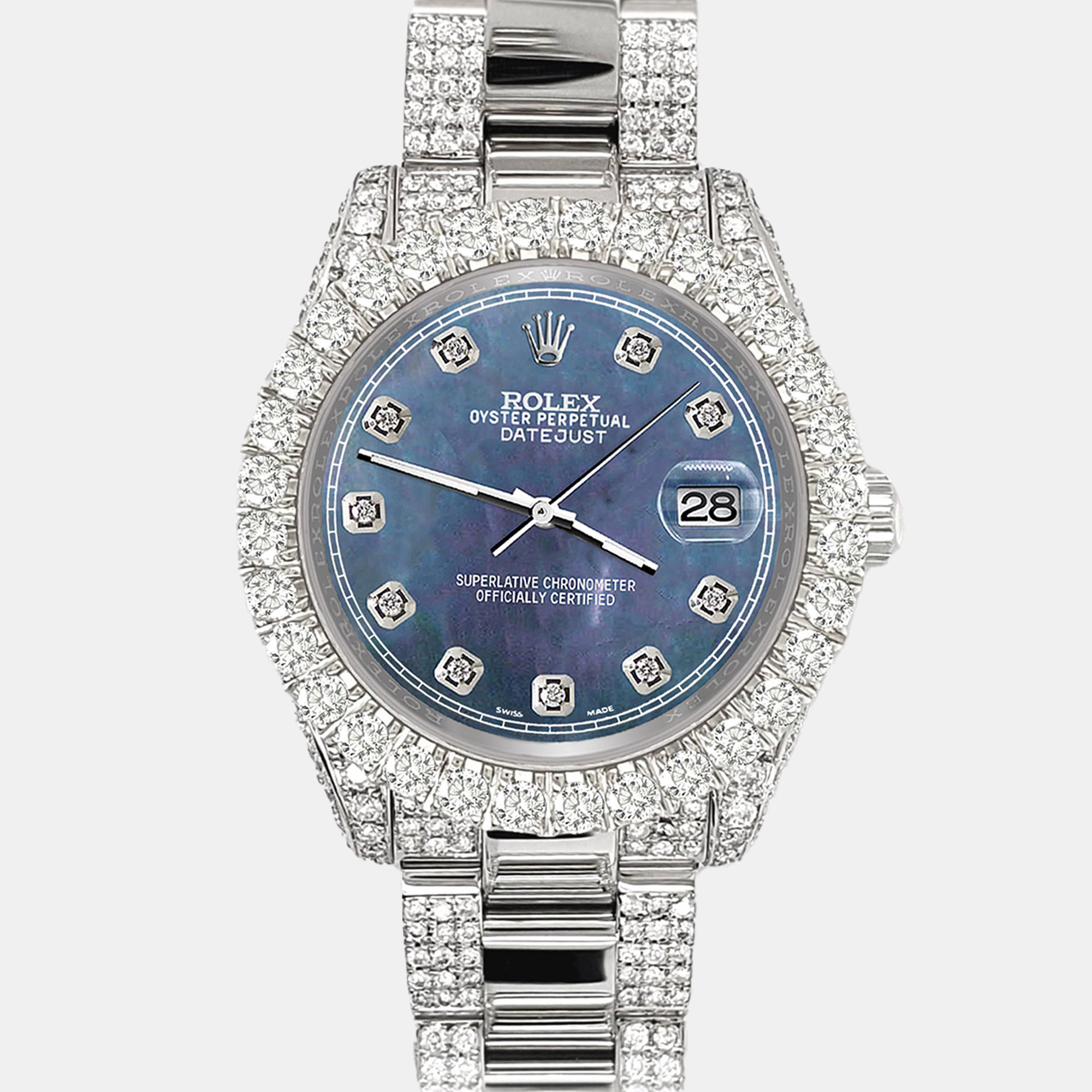 

Rolex datejust  pave 7.2ct iced diamond black pearl track Wristwatch 178240, Blue