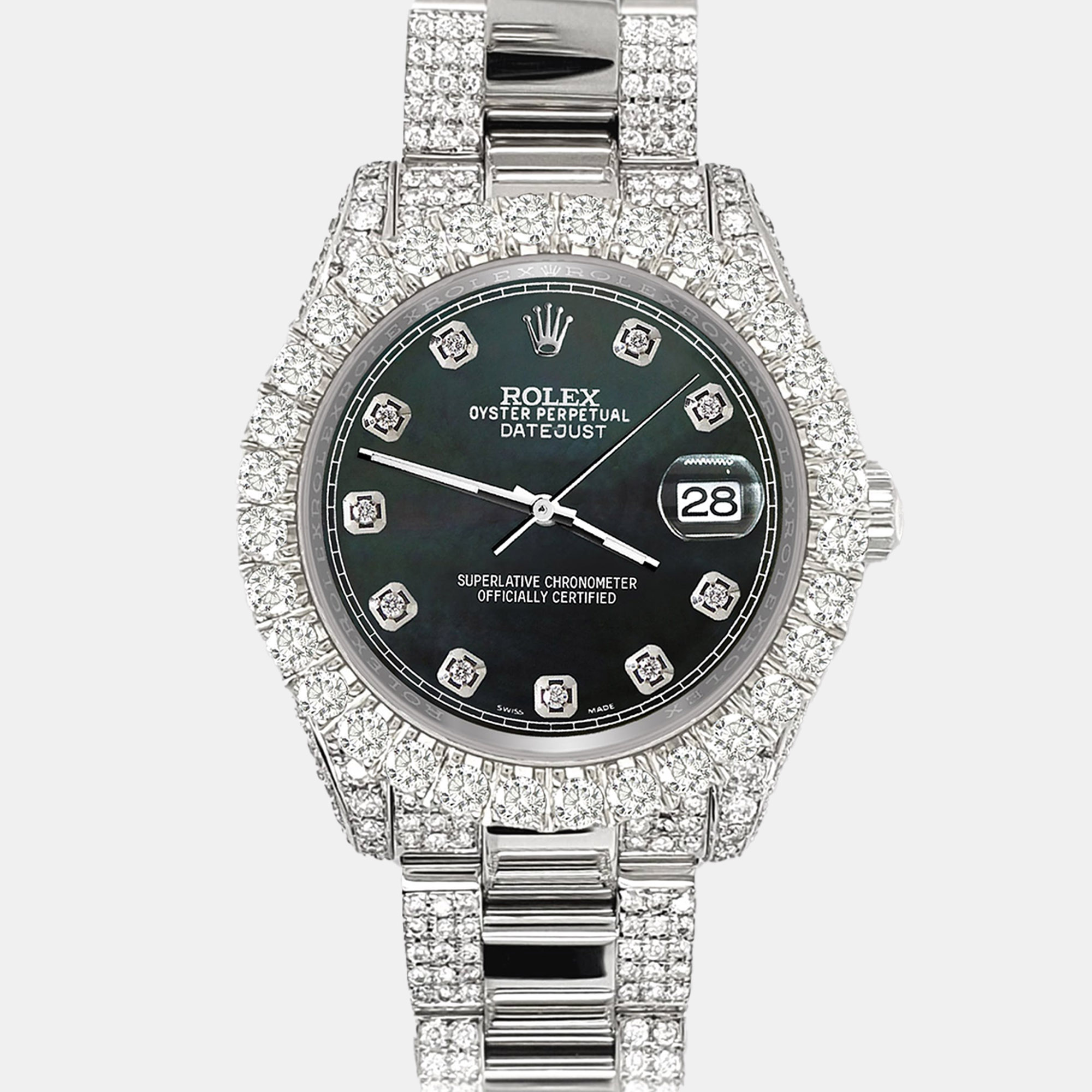 

Rolex datejust  pave 7.2ct iced diamond black mop track Wristwatch 178240