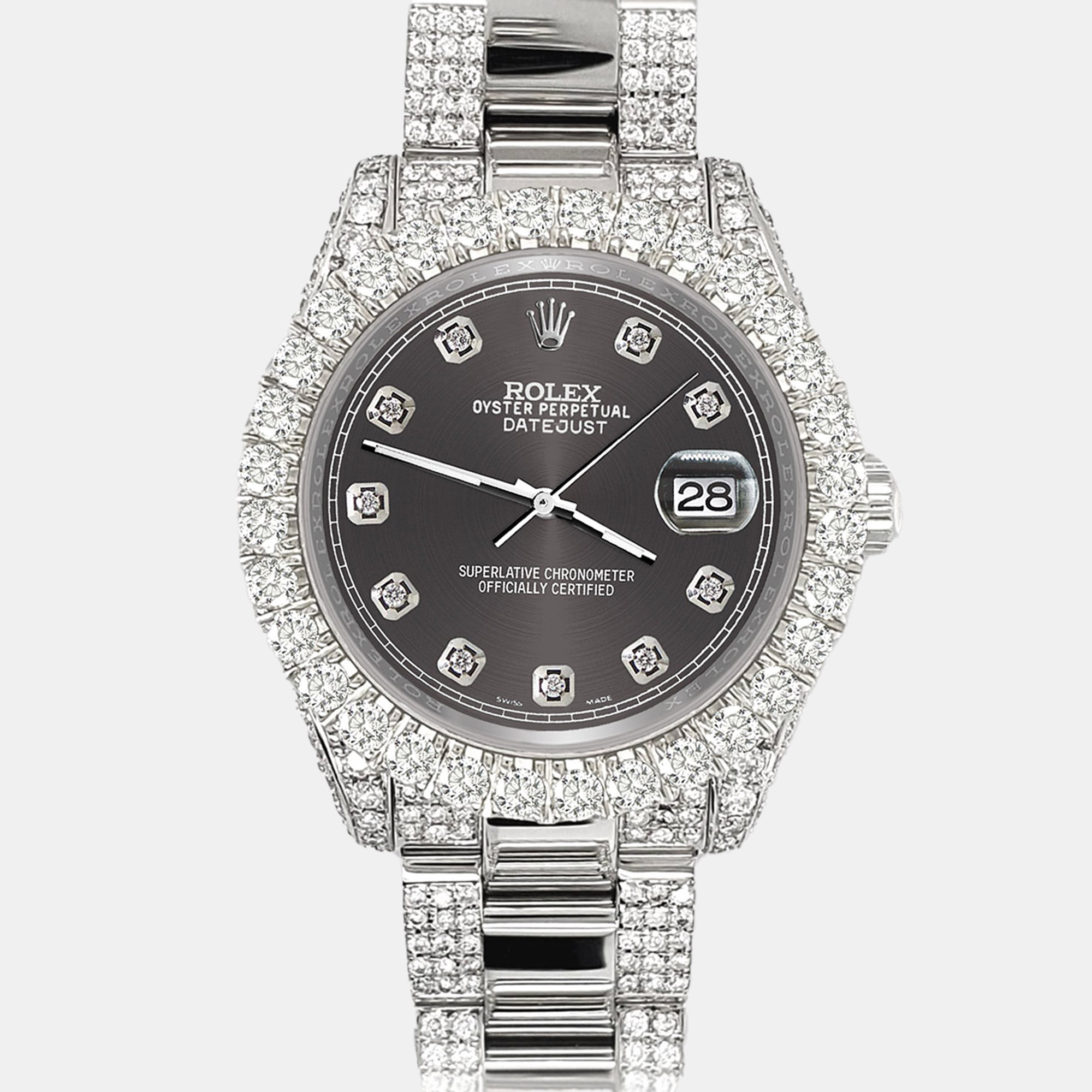 

Rolex datejust  pave 7.2ct iced diamond rhodium gray track Wristwatch 178240, Grey