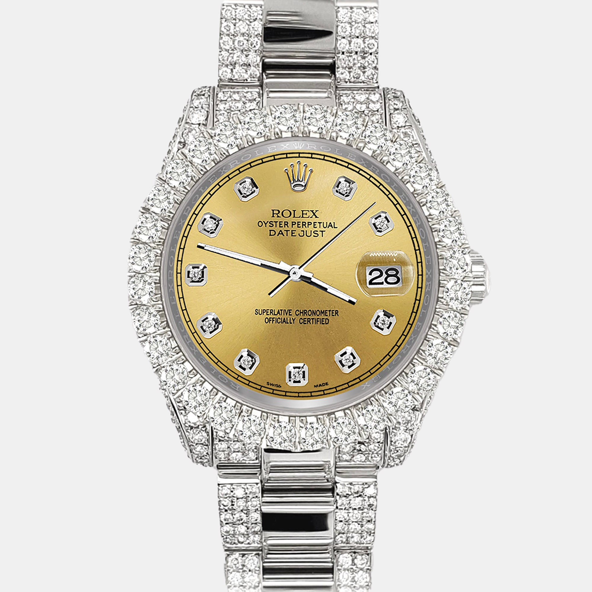 

Rolex datejust  pave 7.2ct iced diamond champagne track Wristwatch 178240, Gold