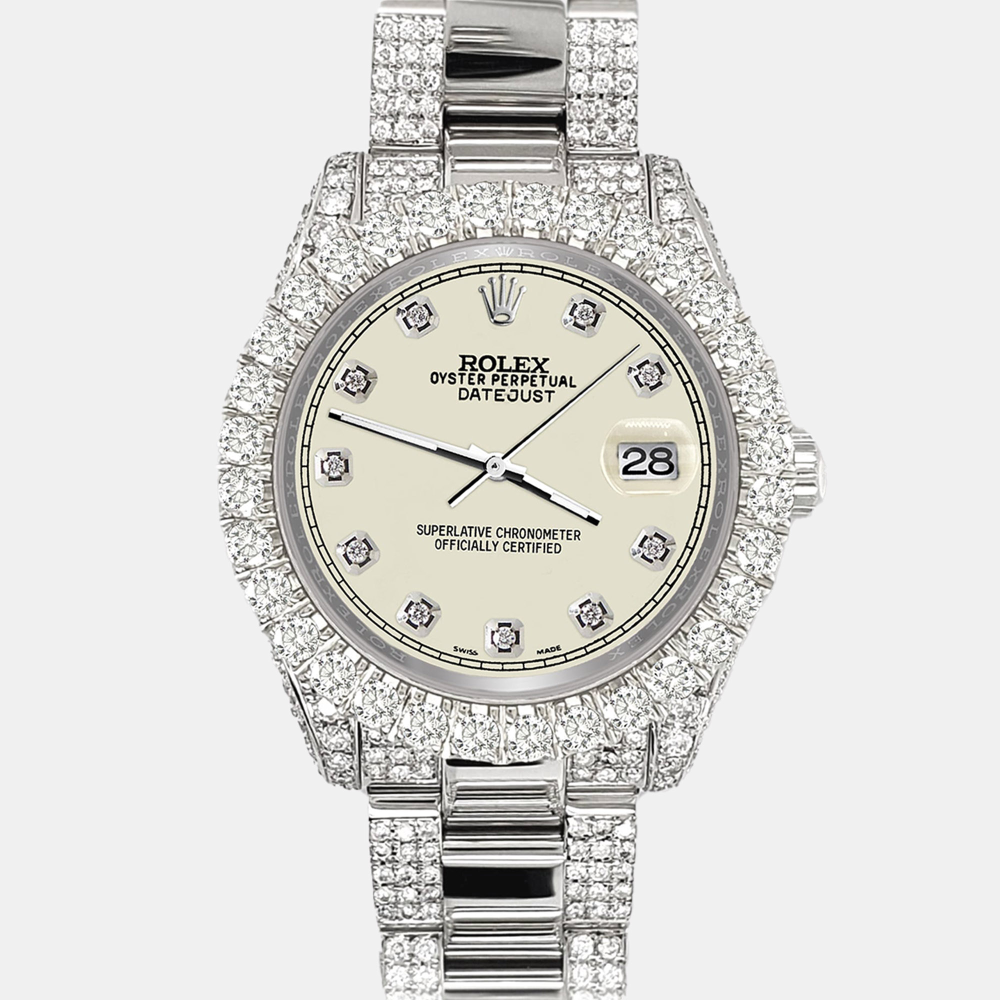 

Rolex datejust  pave 7.2ct iced diamond satin linen track Wristwatch 178240, Beige