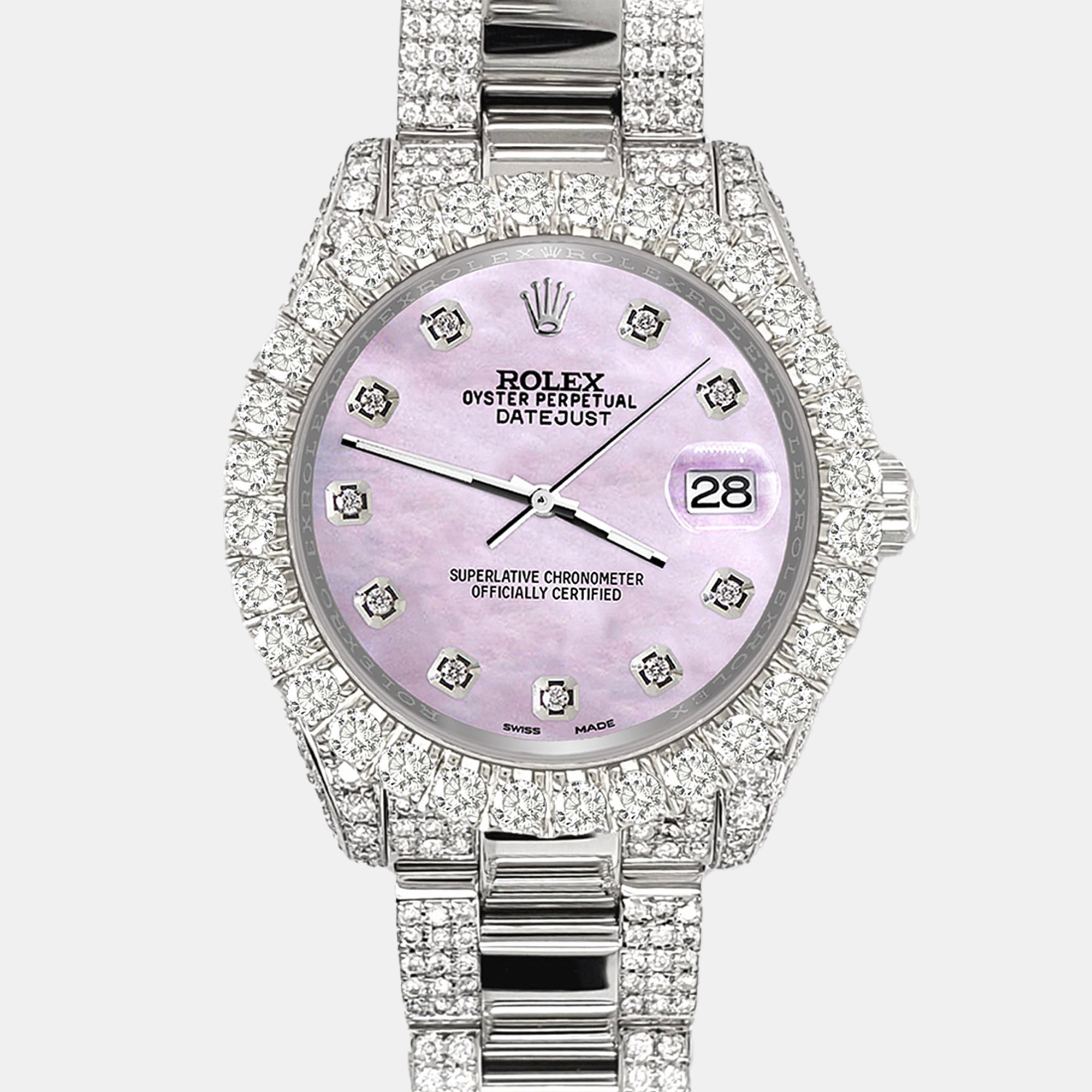 

Rolex datejust  pave 7.2ct iced diamond pink pearl Wristwatch 178240