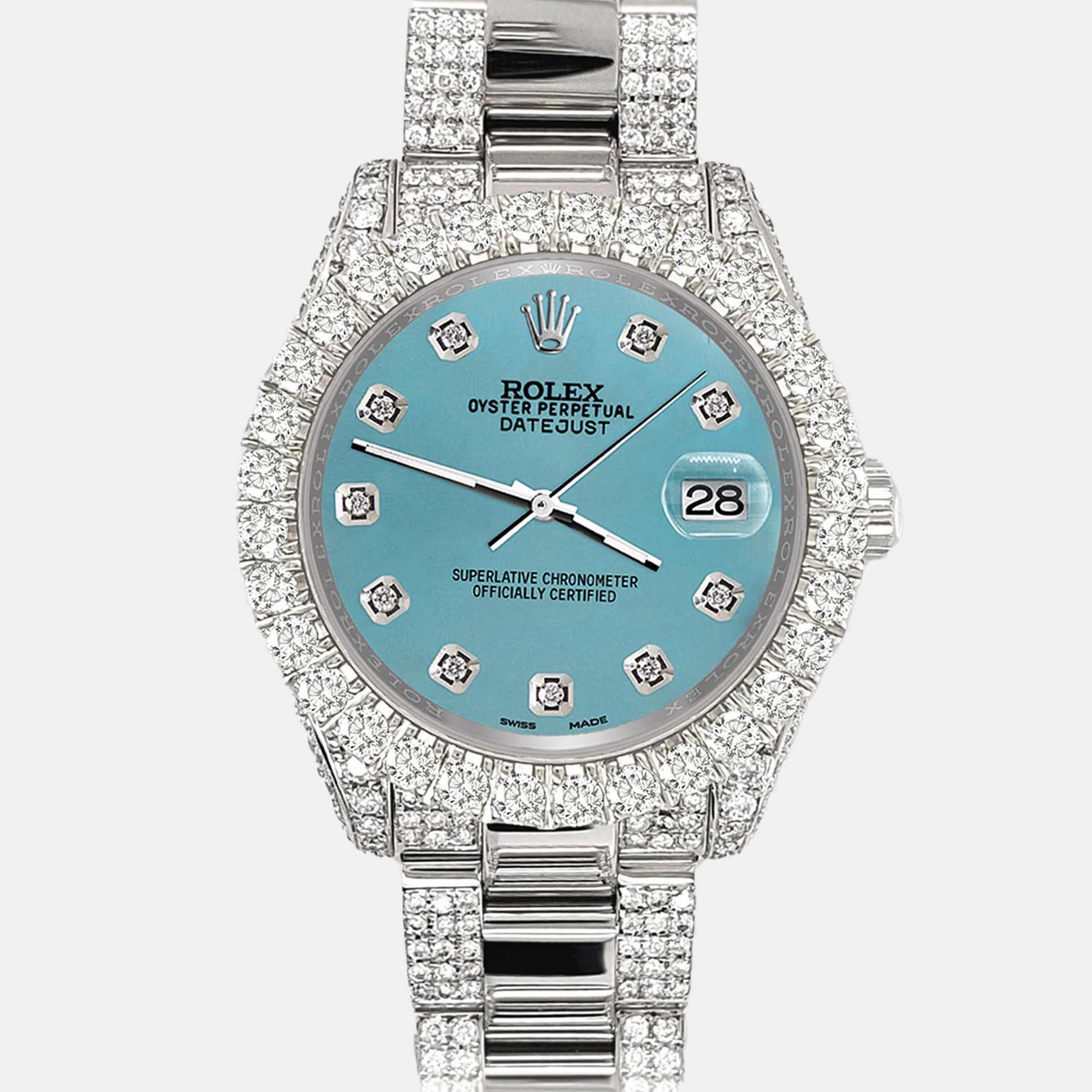 

Rolex Datejust 31 mm pave 7.2ct iced diamond turquoise Wristwatch 178240, Blue