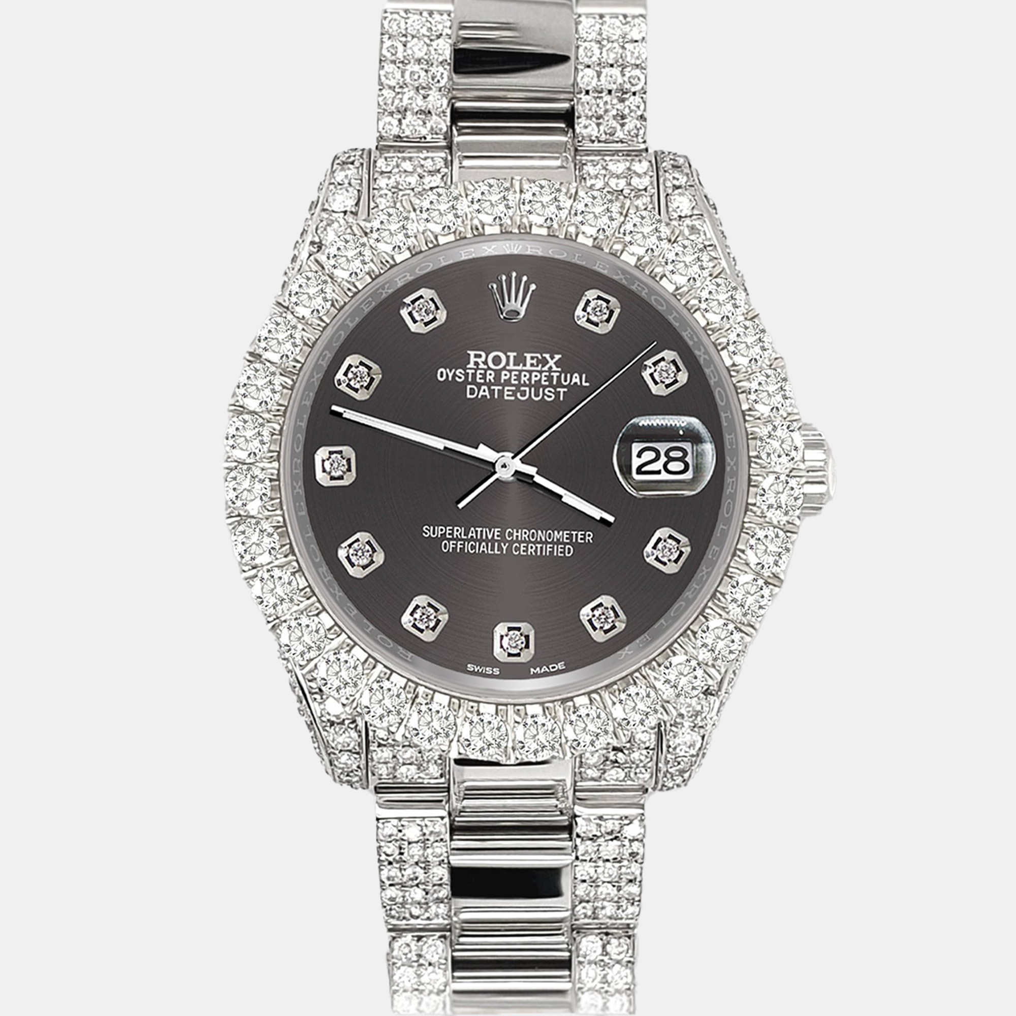 

Rolex datejust  pave 7.2ct iced diamond rhodium gray Wristwatch 178240, Grey