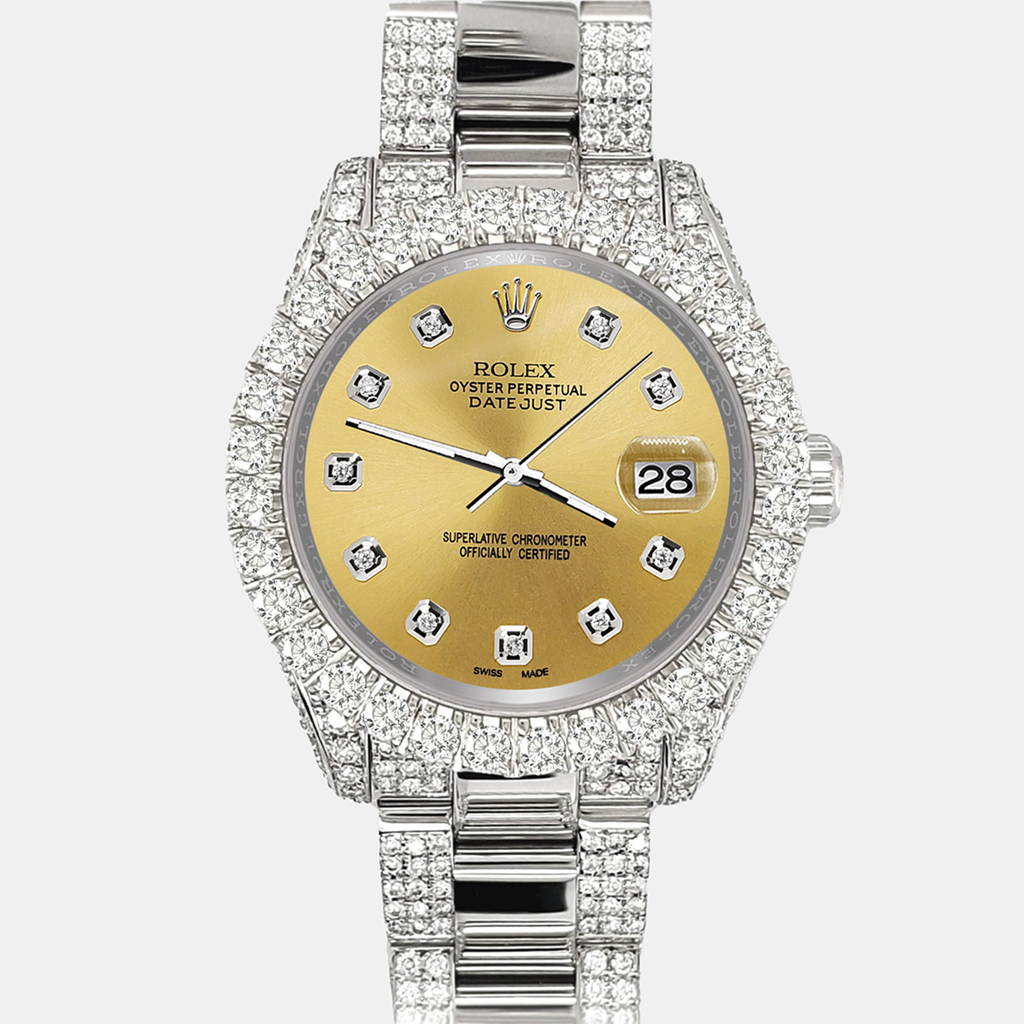 

Rolex datejust  pave 7.2ct iced diamond champagne Wristwatch 178240, Gold