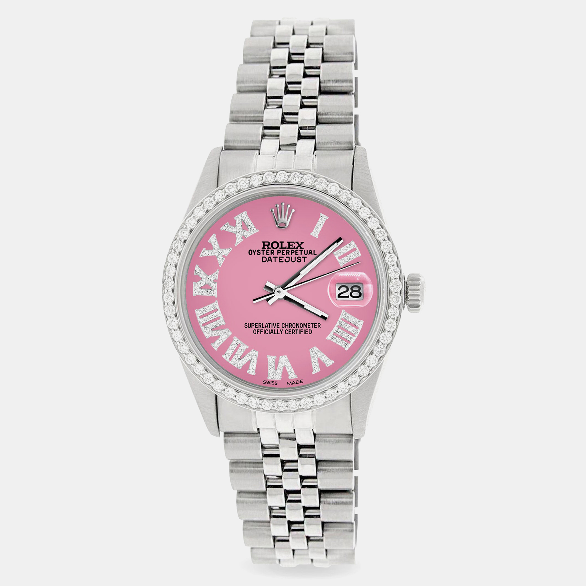 

Rolex Custom Pink Diamond Stainless Steel Datejust Automatic Men's Wristwatch