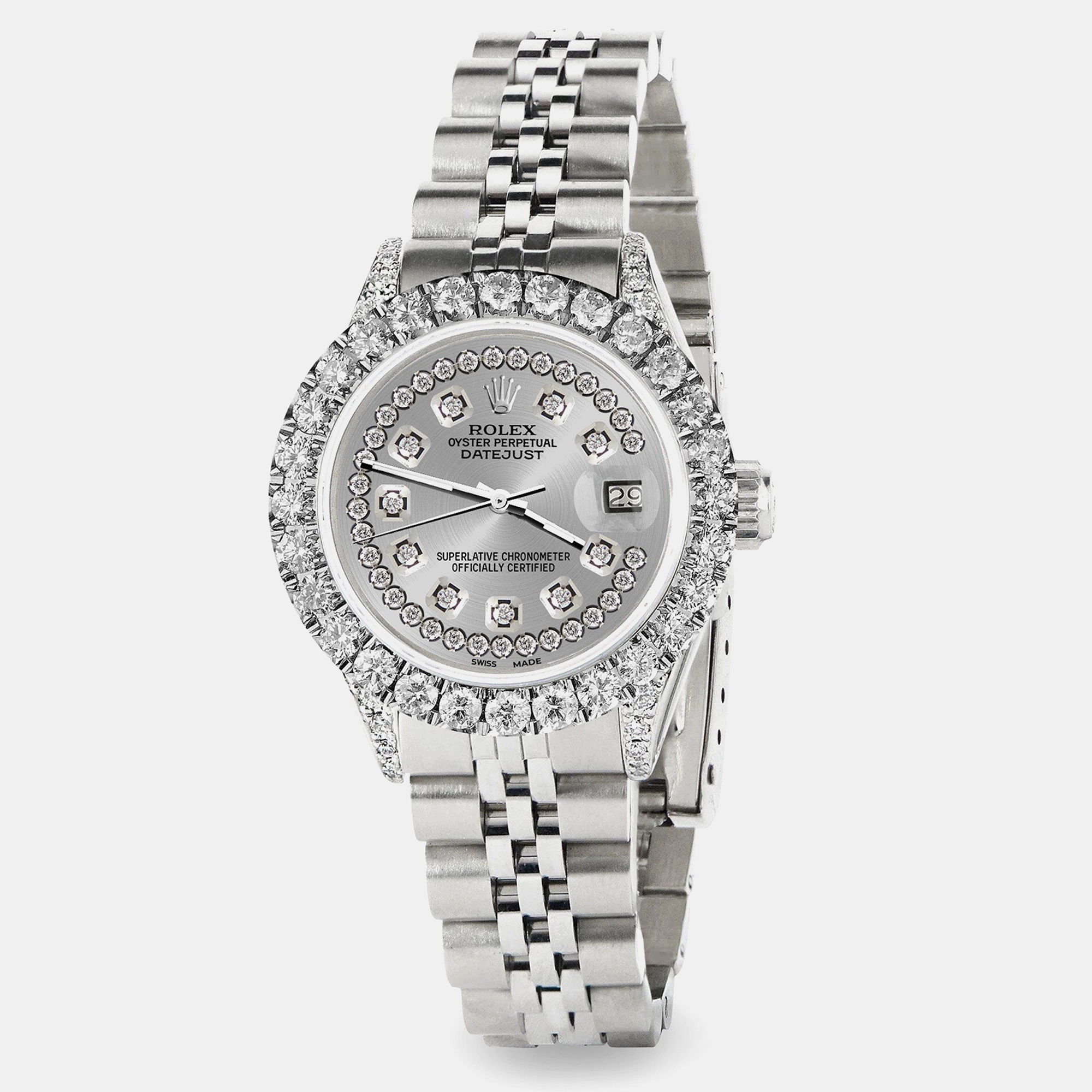 

Rolex Custom Silver 2.35CT Diamond Stainless Steel Datejust Automatic Women's Wristwatch