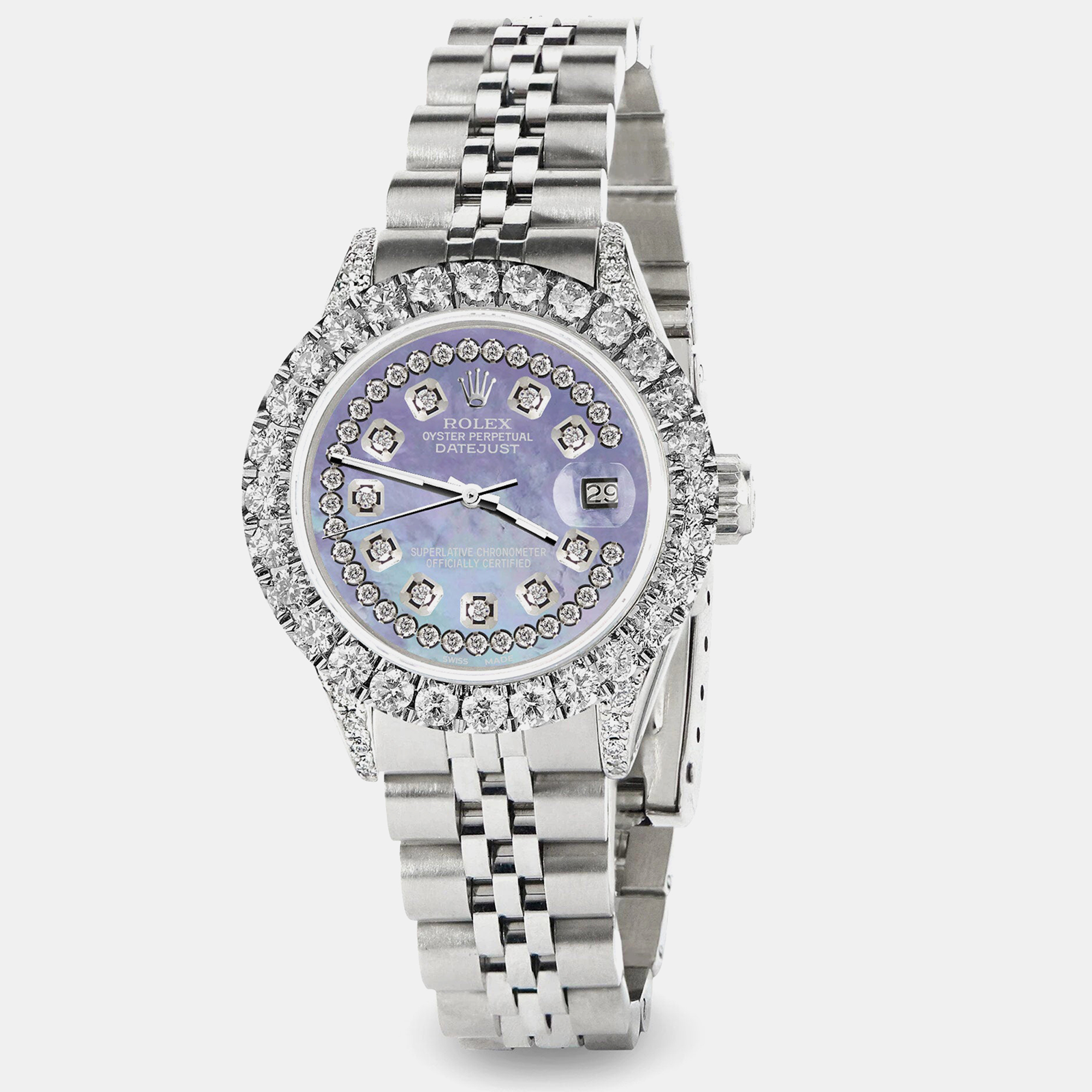 

Rolex Custom Purple MOP 2.35CT Diamond Stainless Steel Datejust Automatic Women's Wristwatch, Blue