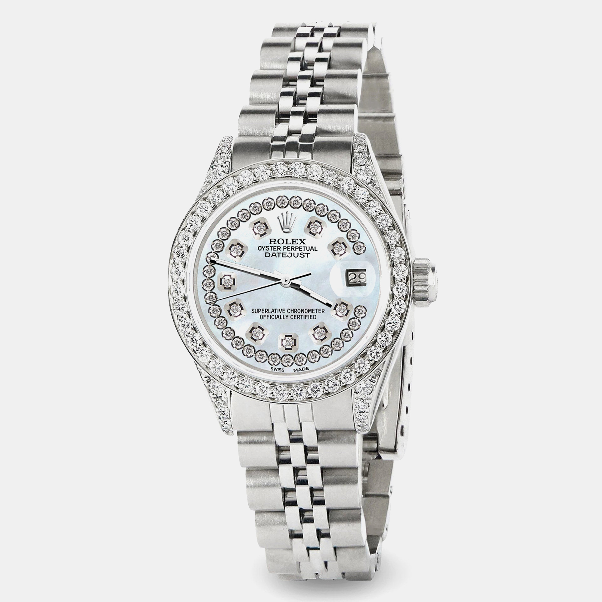 

Rolex Custom Pearl Diamond Stainless Steel Datejust Automatic Women's Wristwatch, Blue