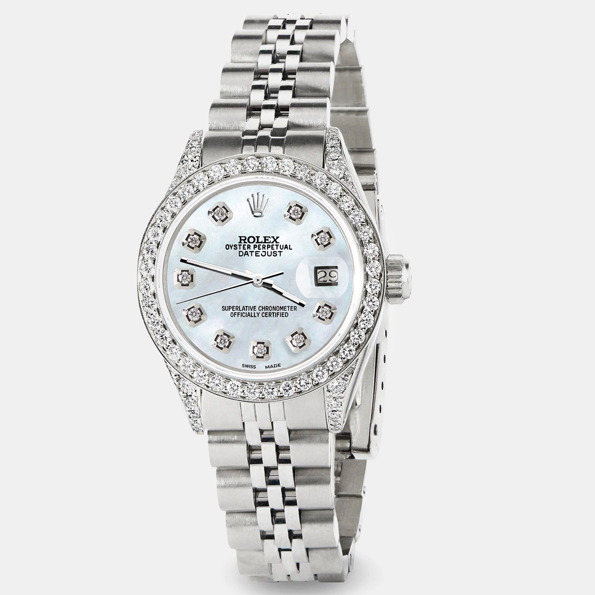 

Rolex Custom Natural Pearl Diamond Stainless Steel Datejust Automatic Women's Wristwatch, Silver