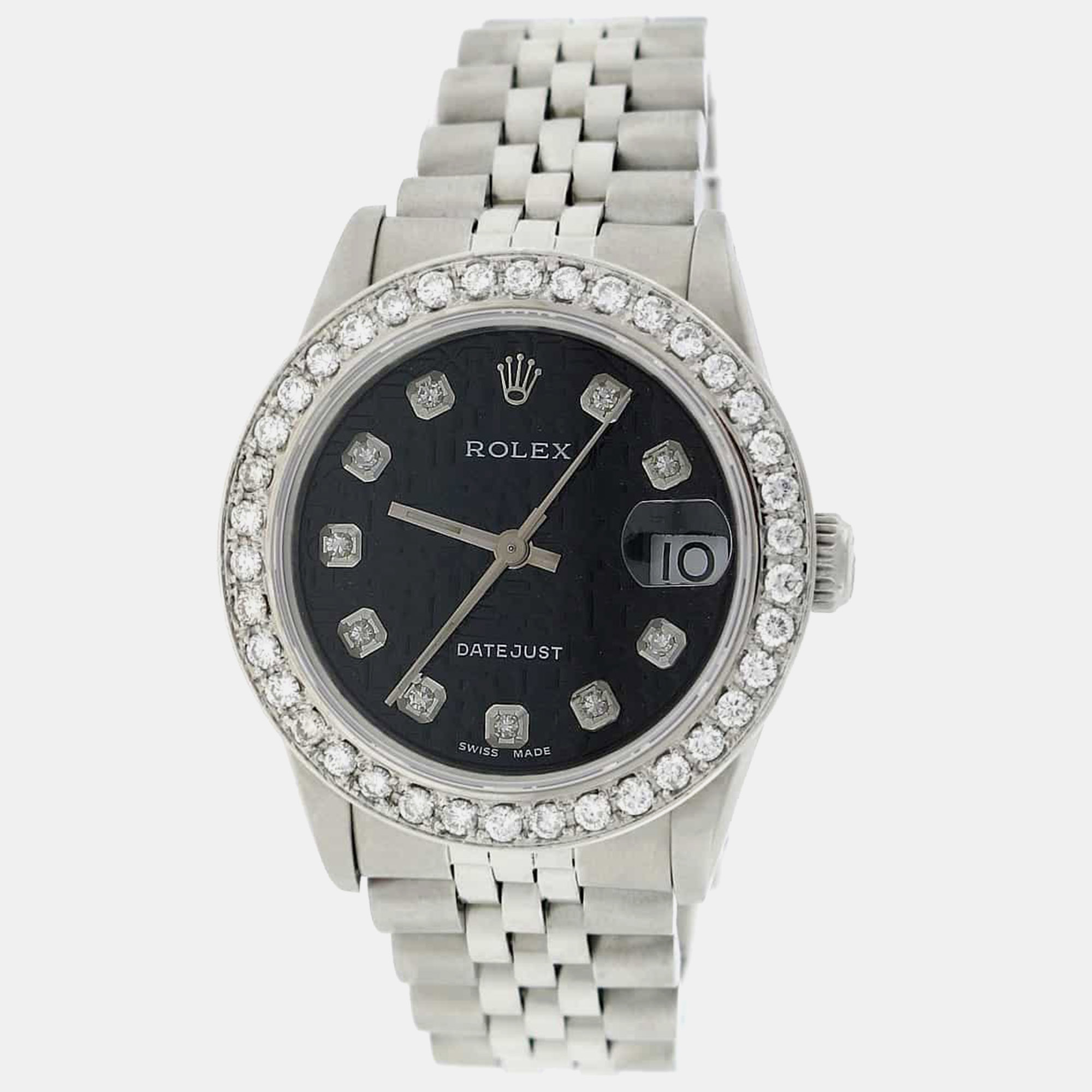 

Rolex Customised Black Diamond Stainless Steel Datejust Automatic Women's Wristwatch