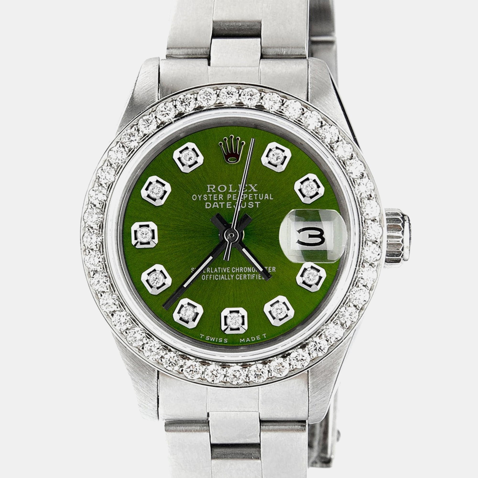 

Rolex Customised Chartreuse Green Diamond Stainless Steel Datejust Automatic Women's Wristwatch
