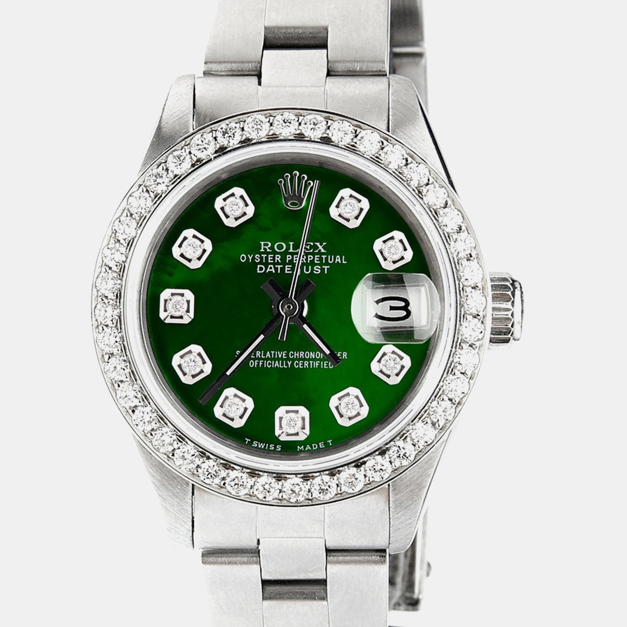 

Rolex Customised Green MOP Diamond Stainless Steel Datejust Automatic Women's Wristwatch