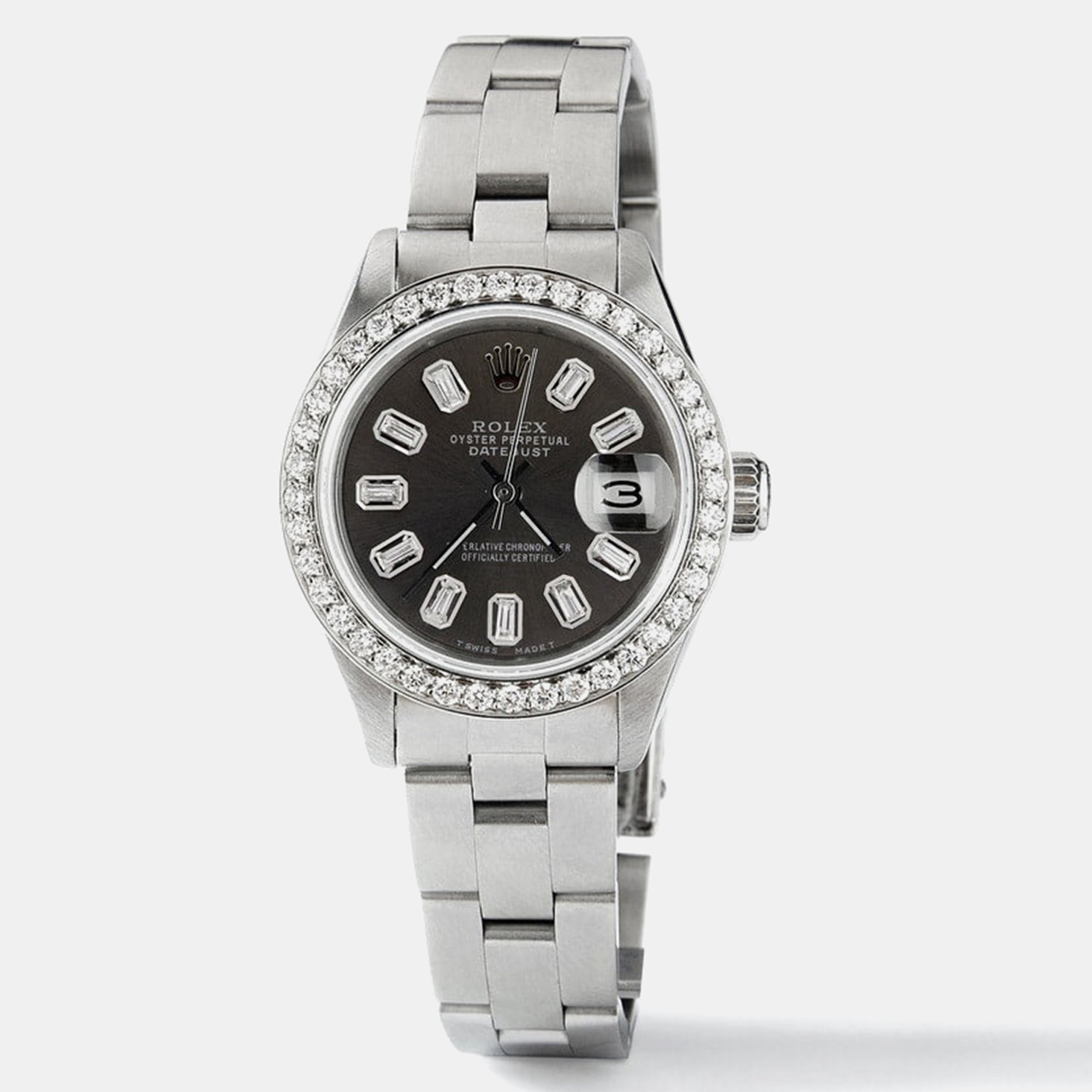 

Rolex Customised Black Diamond Stainless Steel Datejust Automatic Women's Wristwatch