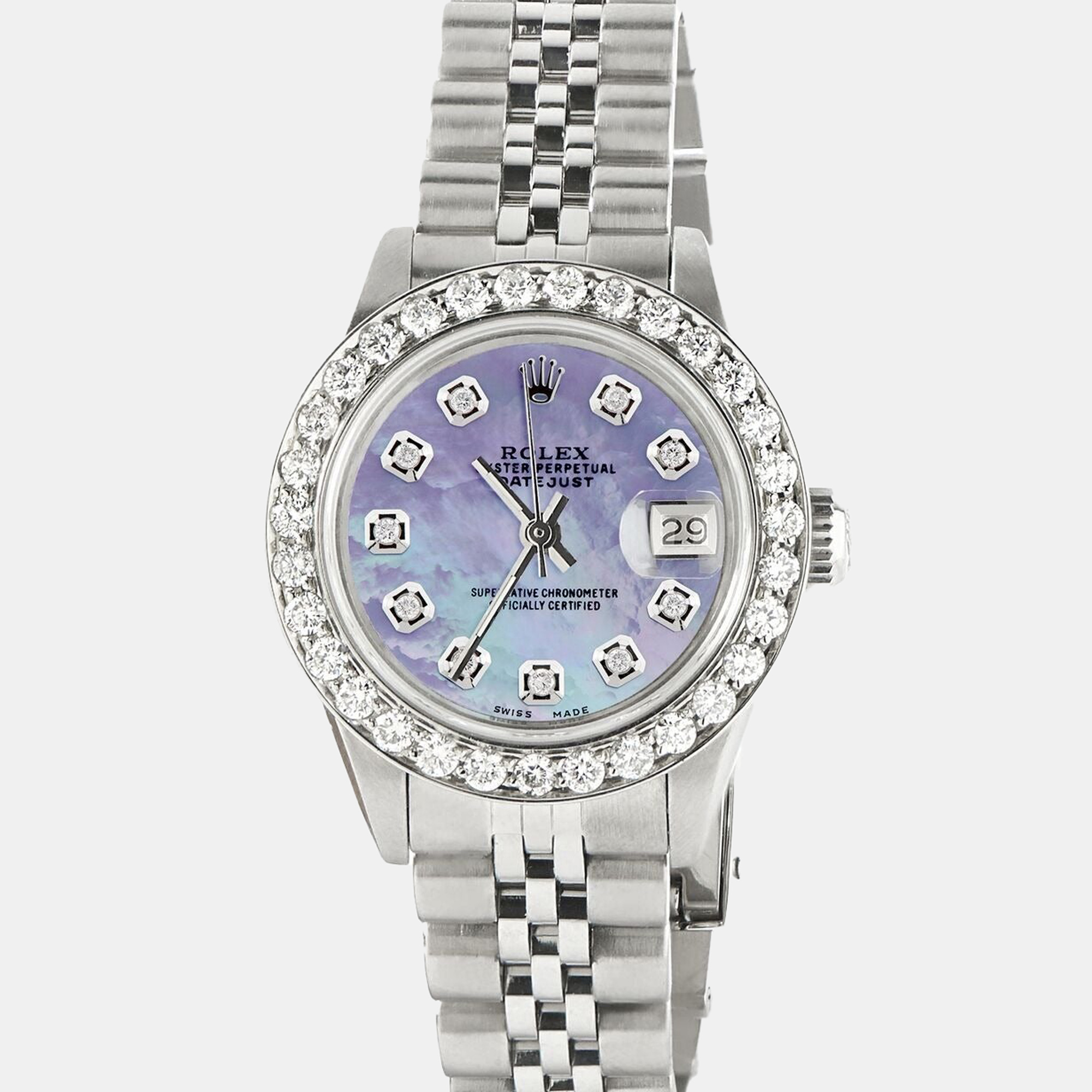 

Rolex Customised Purple MOP 1.3CT Diamond Stainless Steel Datejust Automatic Women's Wristwatch