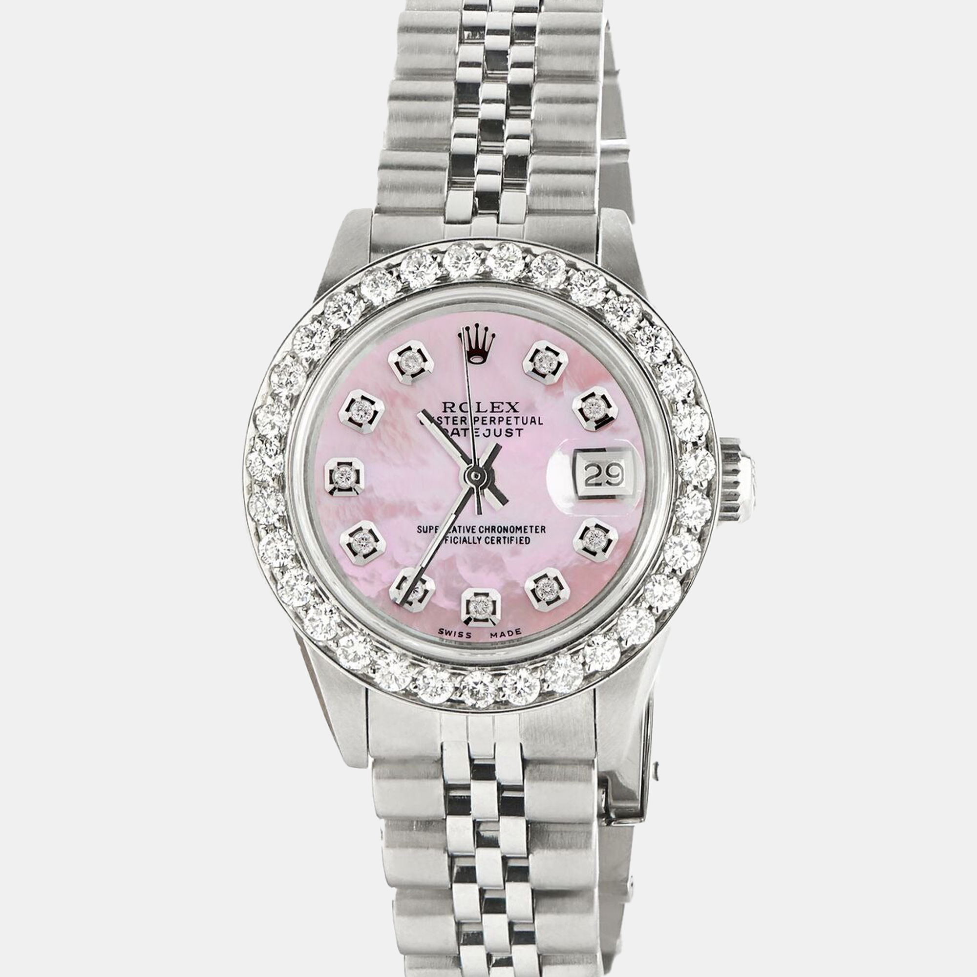 

Rolex Customised Pink MOP 1.3CT Diamond Stainless Steel Datejust Automatic Women's Wristwatch