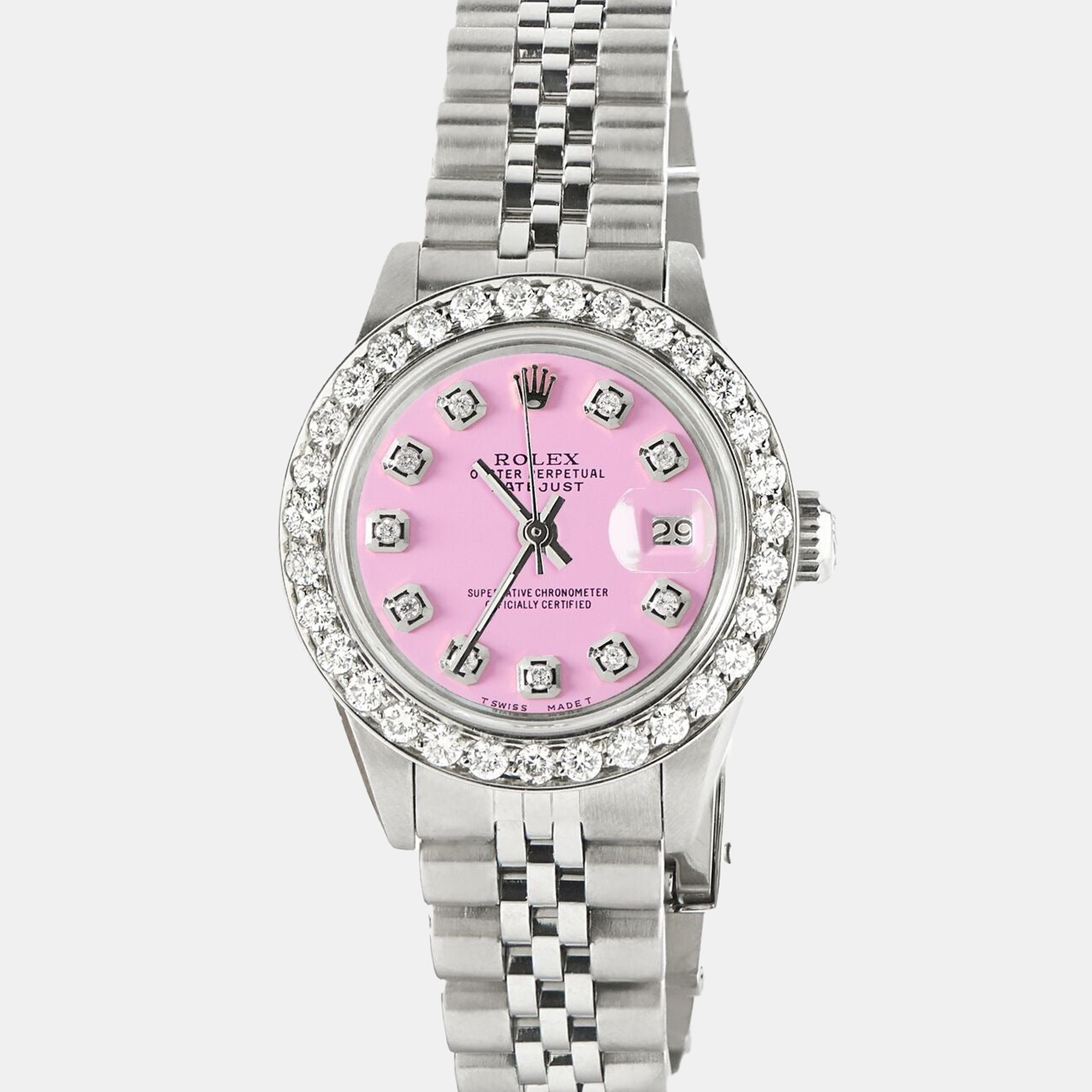 

Rolex Customised Pink 1.3CT Diamond Stainless Steel Datejust Automatic Women's Wristwatch