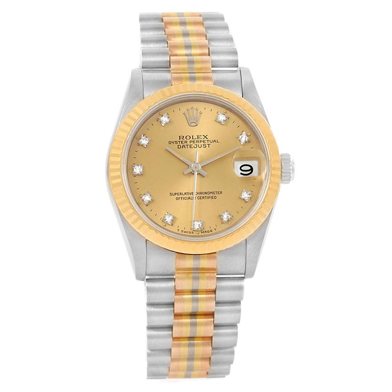 Pre-owned Rolex Champagne 18k Yellow Gold & Stainless Steel Datejust President Tridor Women's Wristwatch 31mm