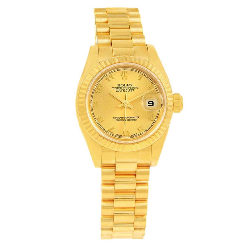 Pre-owned Rolex Champagne 18k Yellow Gold President Datejust Women's Wristwatch 26mm