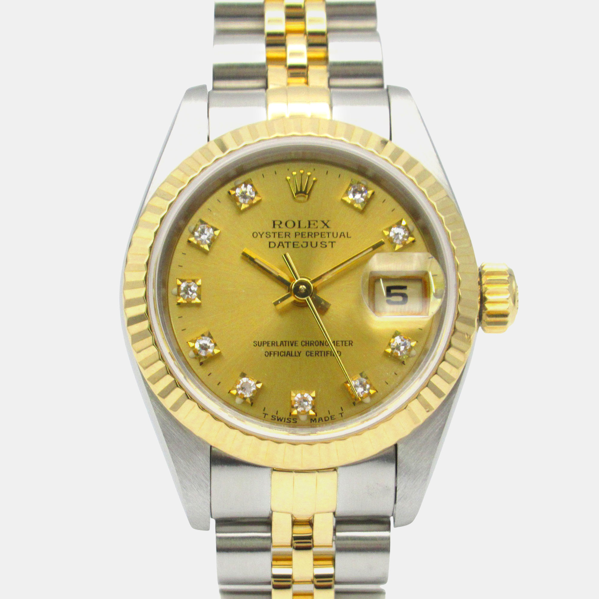 

Rolex Champagne Diamond 18k Yellow Gold Stainless Steel Datejust 69173 Automatic Women's Wristwatch 26 mm