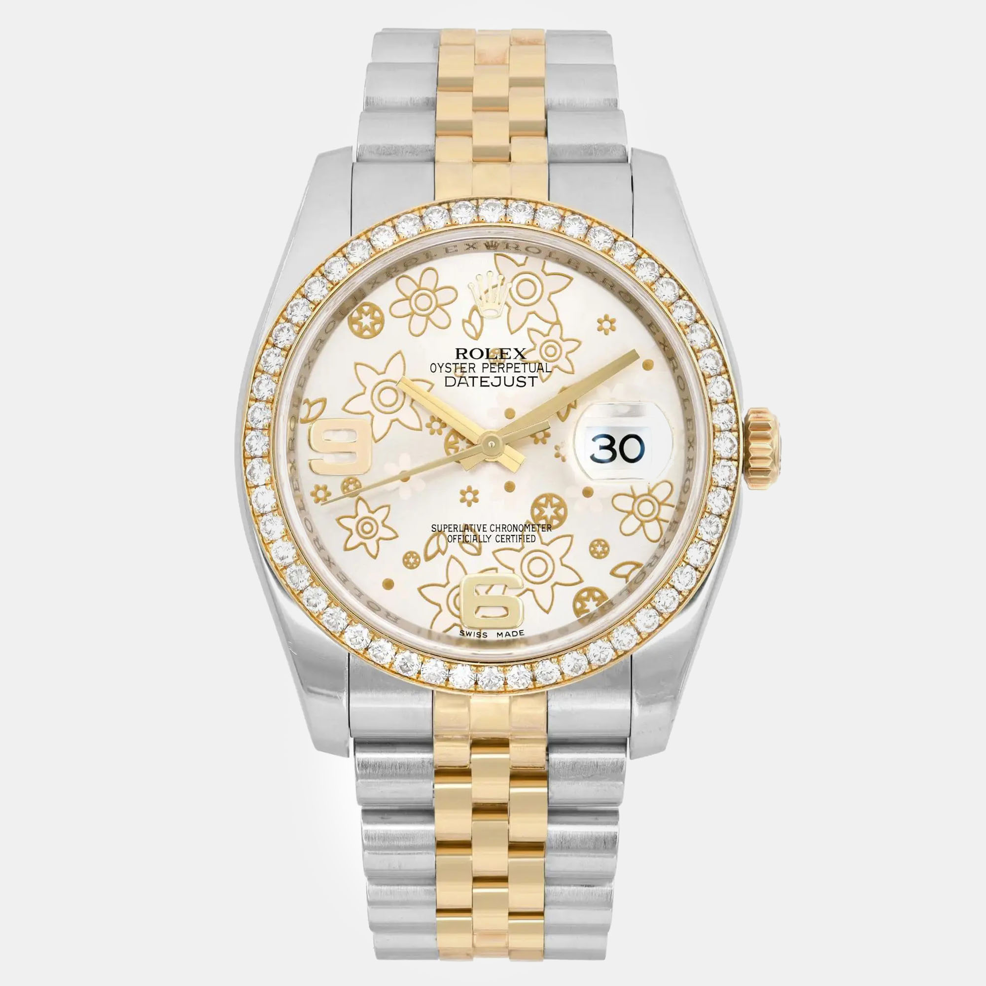 

Rolex Floral Silver Diamonds 18k Yellow Gold Datejust 116243 Automatic Men's Wristwatch 36 mm