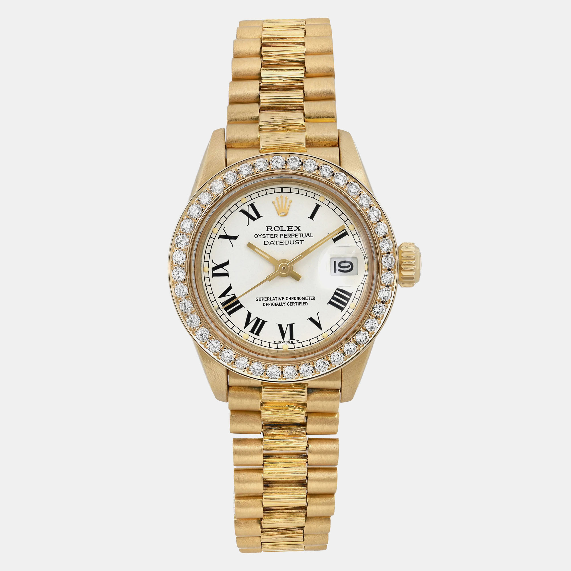 

Rolex White 18k Yellow Gold Diamond Datejust 6927 Automatic Women's Wristwatch 26 mm