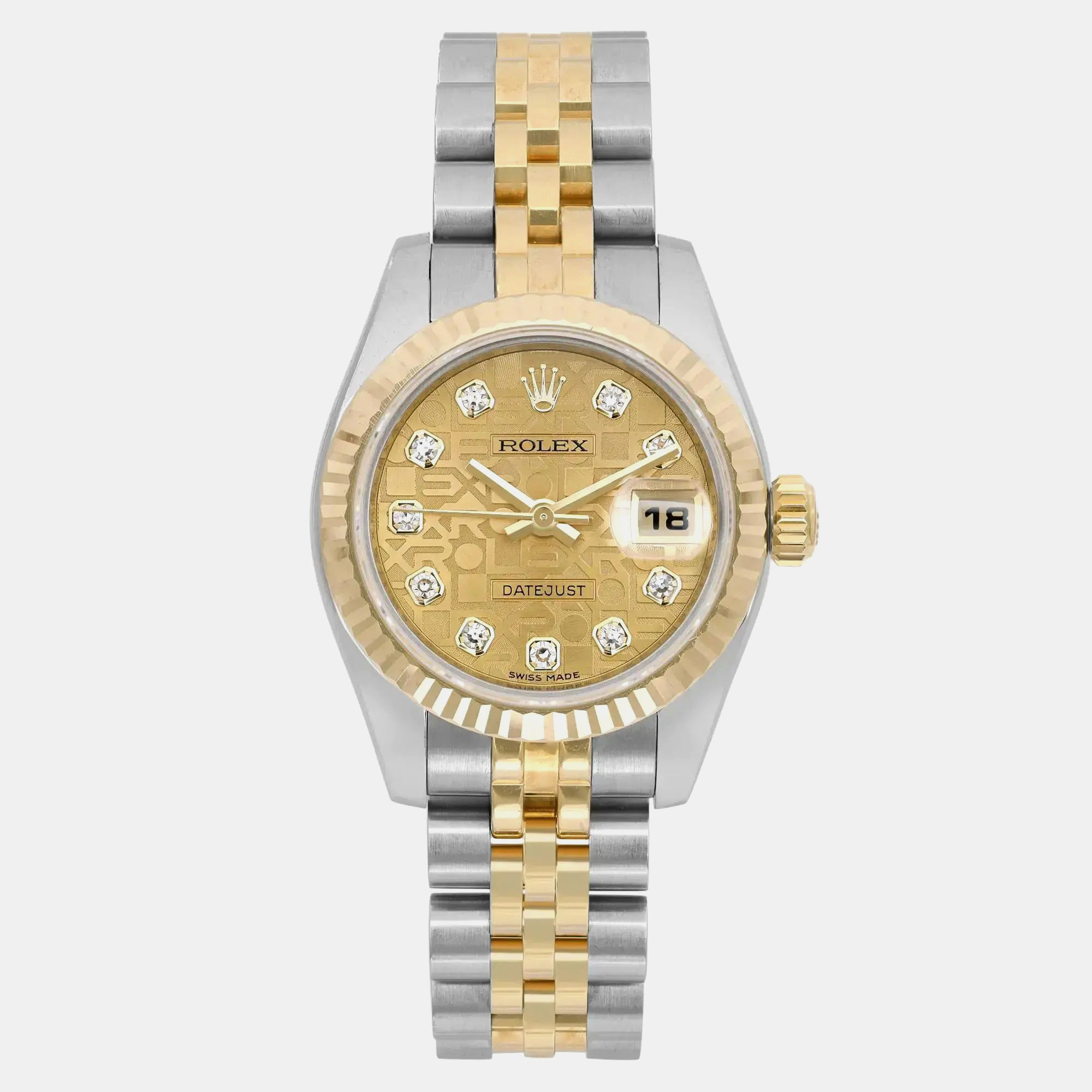 

Rolex Champagne Diamond 18k Yellow Gold Stainless Steel Datejust 179173 Automatic Women's Wristwatch 26 mm