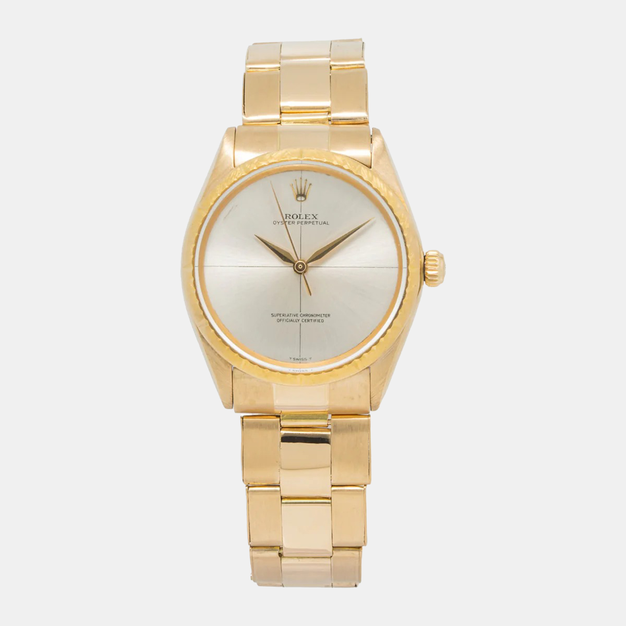 

Rolex Oyster Perpetual 1009 Manual Winding Champagne 18k Yellow Gold Women's Wristwatch 34 mm, Silver